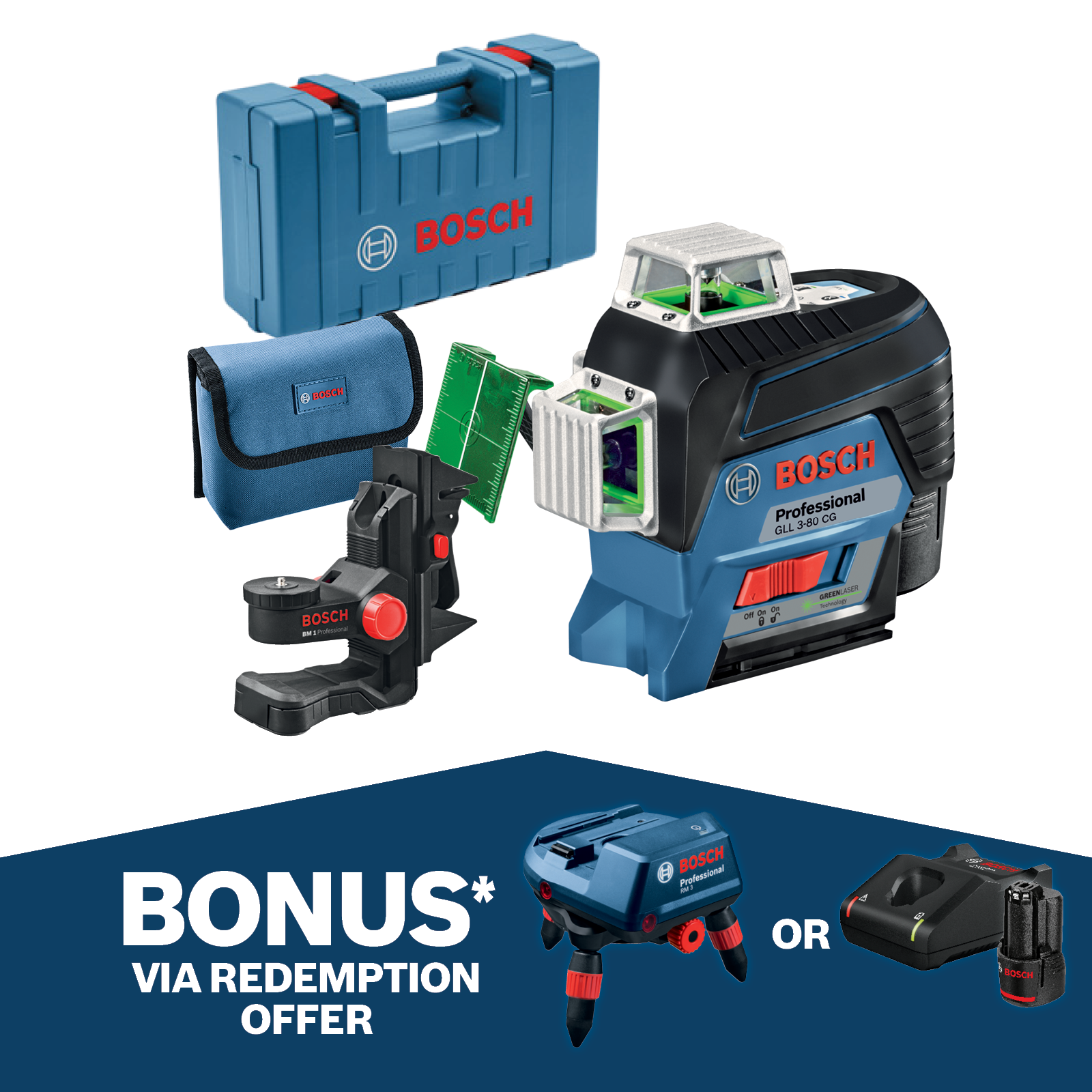 Bosch 12V Professional 30m 3x360° Green Beam Line Laser IP54 1/4", 5/8" Tripod thread