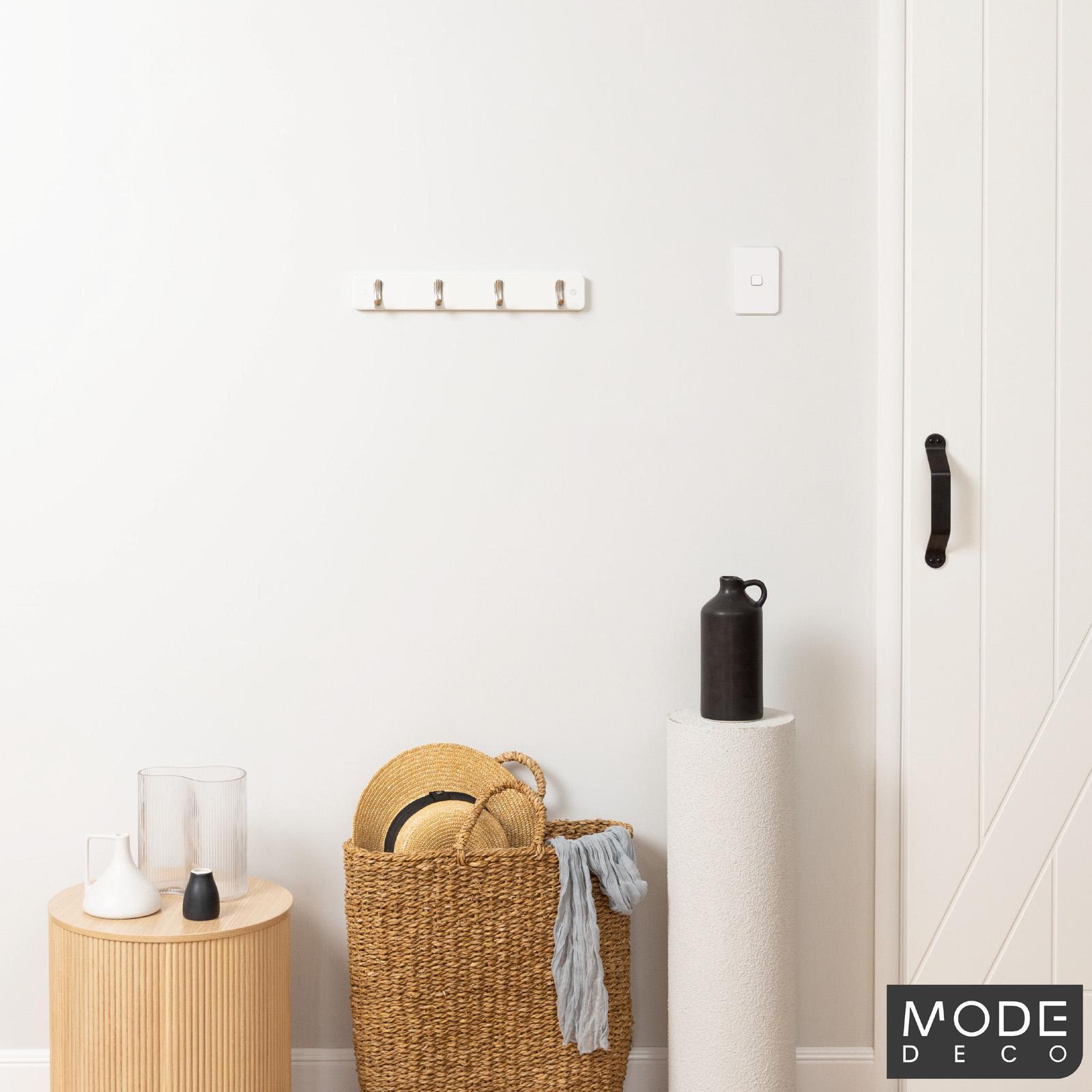 MODE 4 Brushed Nickel Hooks On White Board Rack 3 MODE 4 Brushed Nickel Hooks On White Board Rack