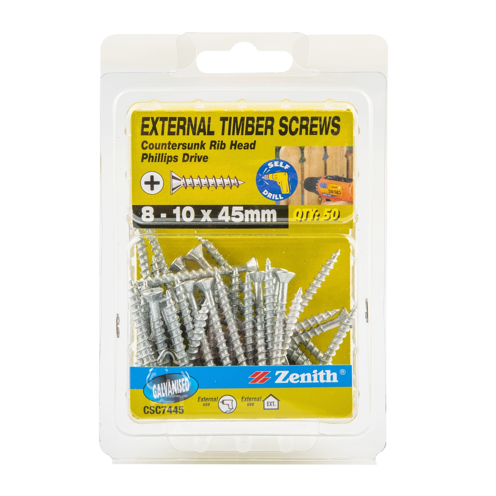 Zenith 8 - 10 x 45mm Galvanised Countersunk Rib Head Timber Screws - 50 Pack
