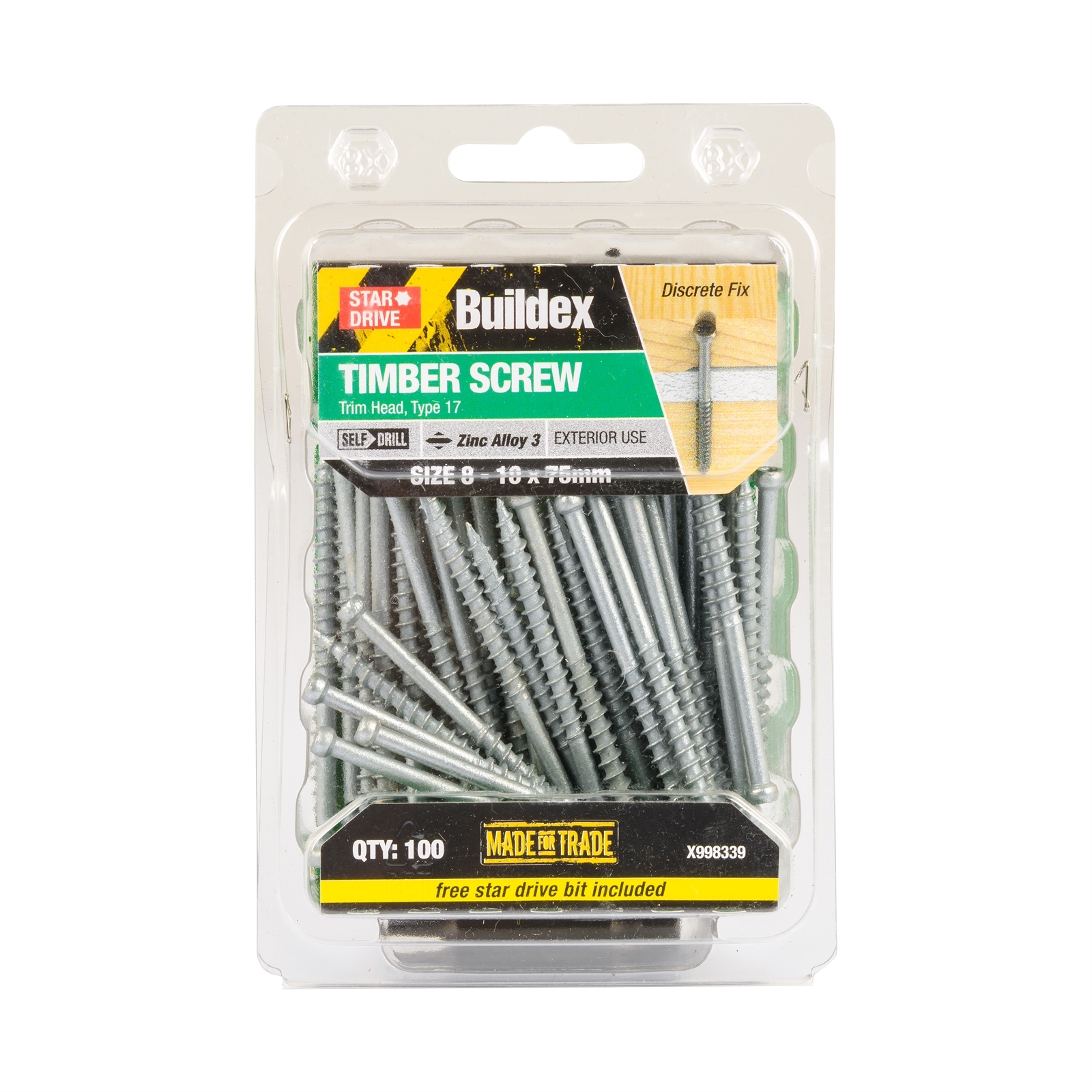 Buildex® 8 - 10 x 75mm Zinc Alloy 3 Trim Head Timber Screw - 100 Pack