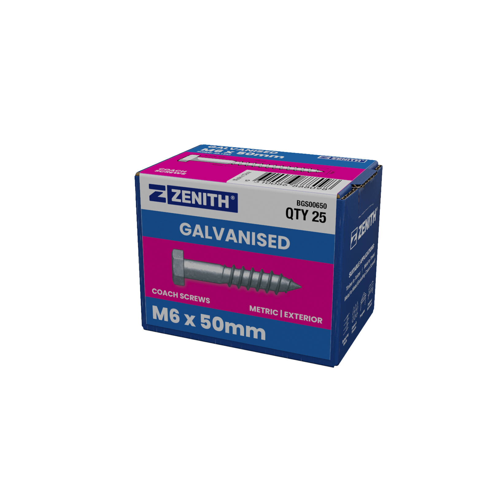 ZENITH M6 x 50mm Hot Dip Galvanised Hex Head Coach Screws - 25 Pack