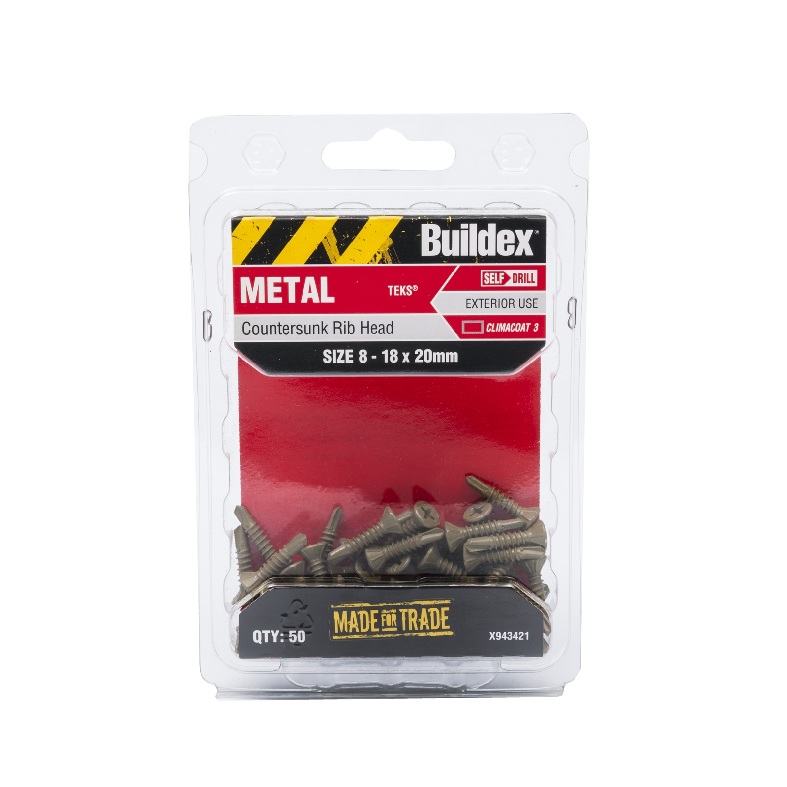 Buildex 8-18 x 20mm Climacoat Countersunk Ribbed Head Metal Tek Screws - 50 Pack