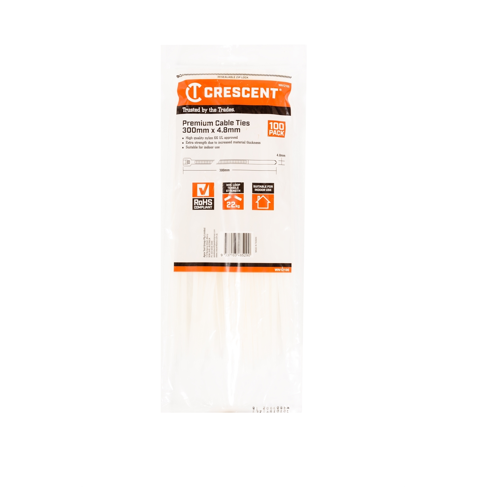 Crescent 300mm x 4.8mm Natural Cable Ties - 100 Pack