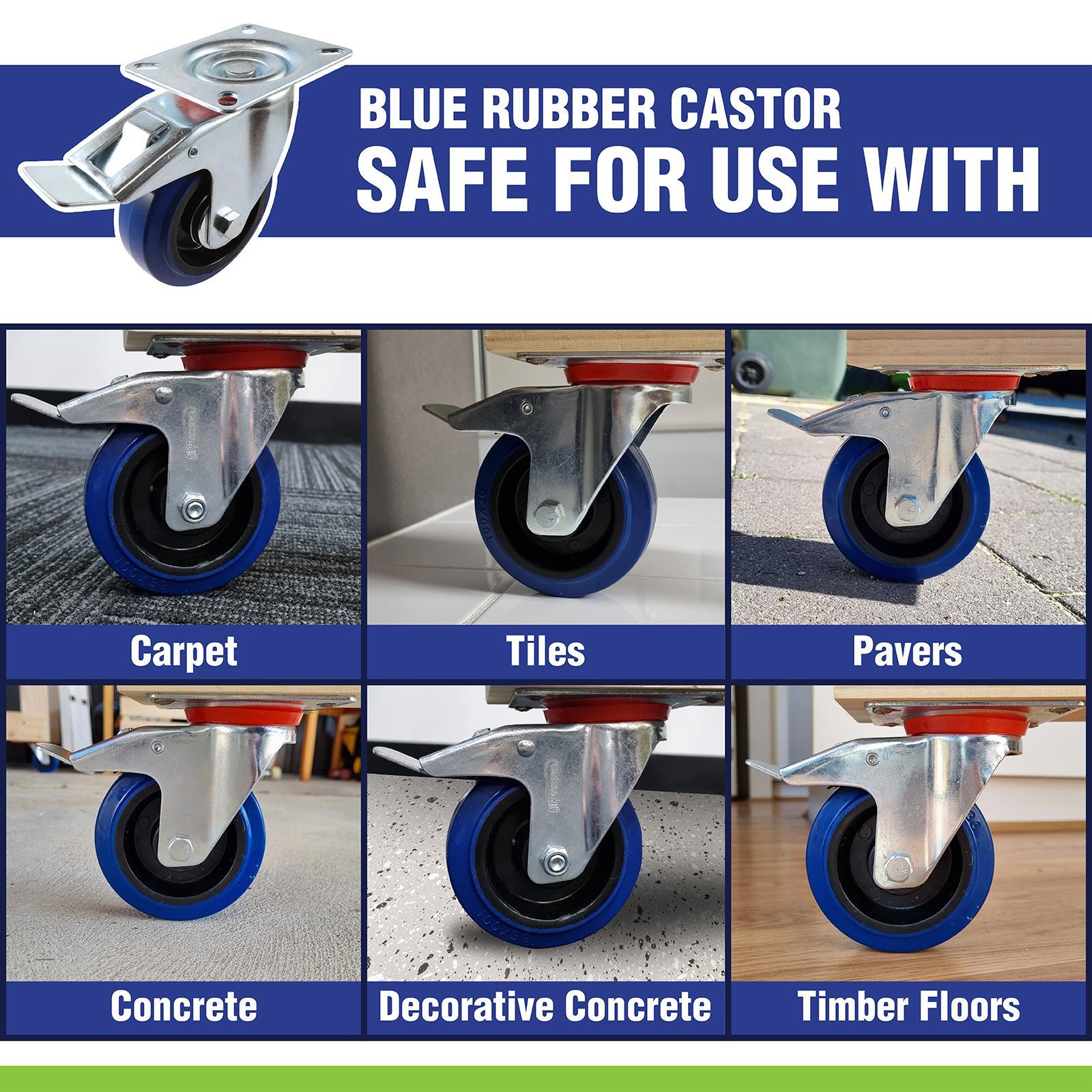 Easyroll 75mm 90kg Blue Rubber Swivel Brake Castor 4 Easyroll 75mm 90kg Blue Rubber Swivel Brake Castor