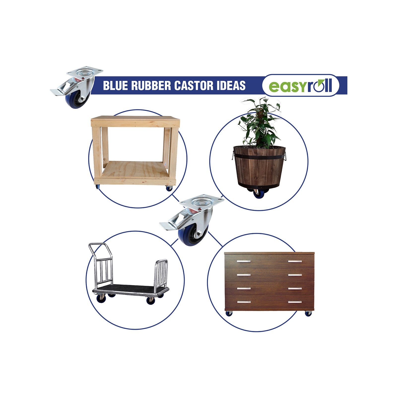 Easyroll 75mm 90kg Blue Rubber Swivel Brake Castor 5 Easyroll 75mm 90kg Blue Rubber Swivel Brake Castor