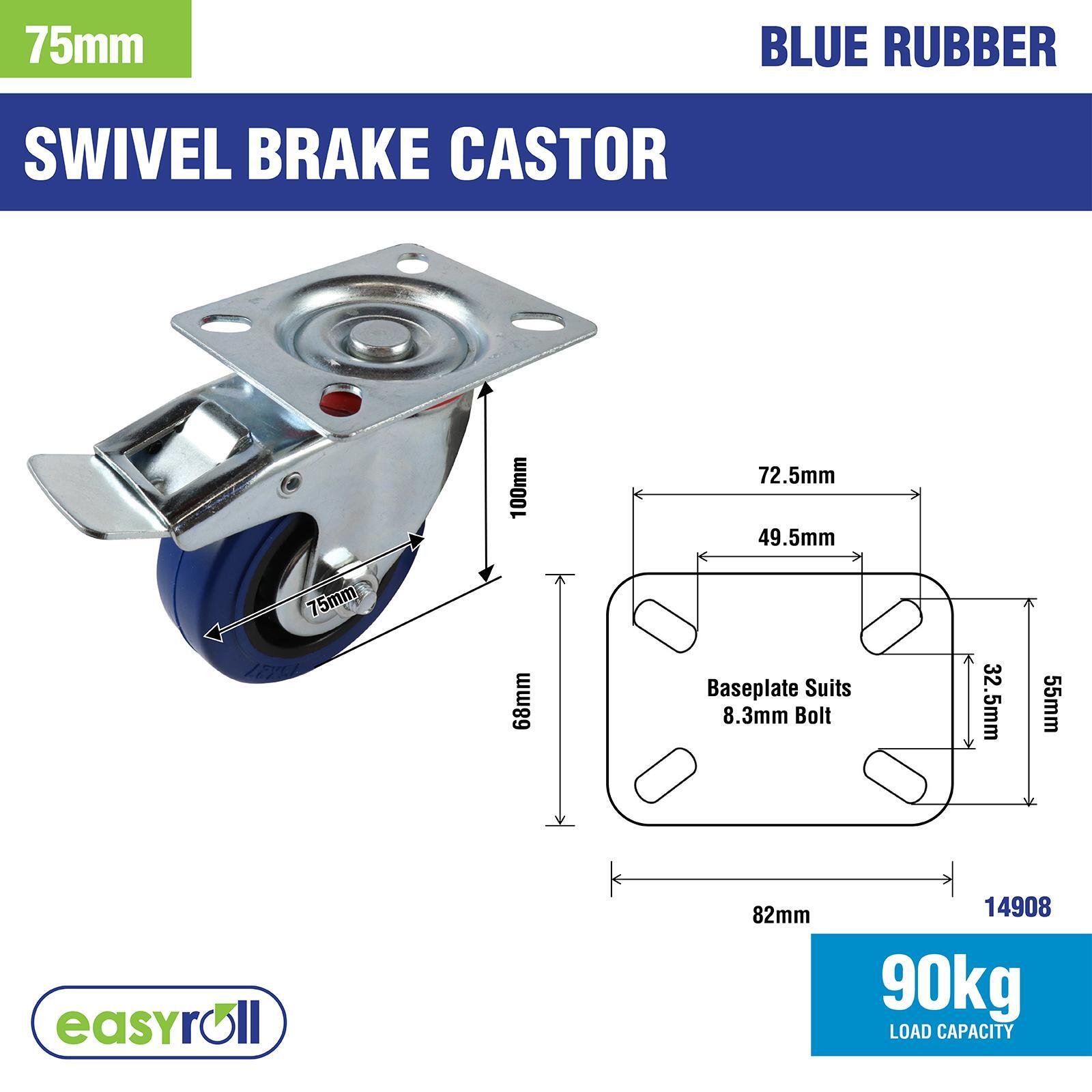 Easyroll 75mm 90kg Blue Rubber Swivel Brake Castor 6 Easyroll 75mm 90kg Blue Rubber Swivel Brake Castor