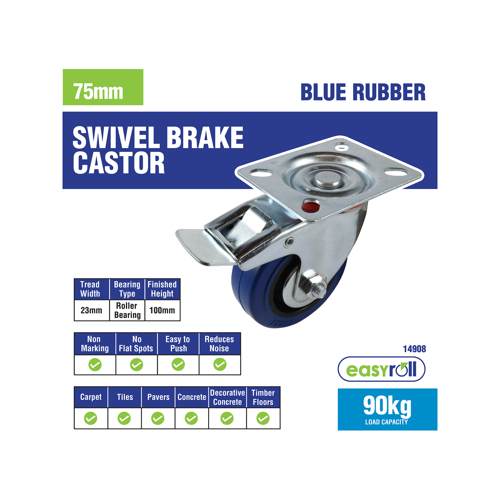 Easyroll 75mm 90kg Blue Rubber Swivel Brake Castor 7 Easyroll 75mm 90kg Blue Rubber Swivel Brake Castor