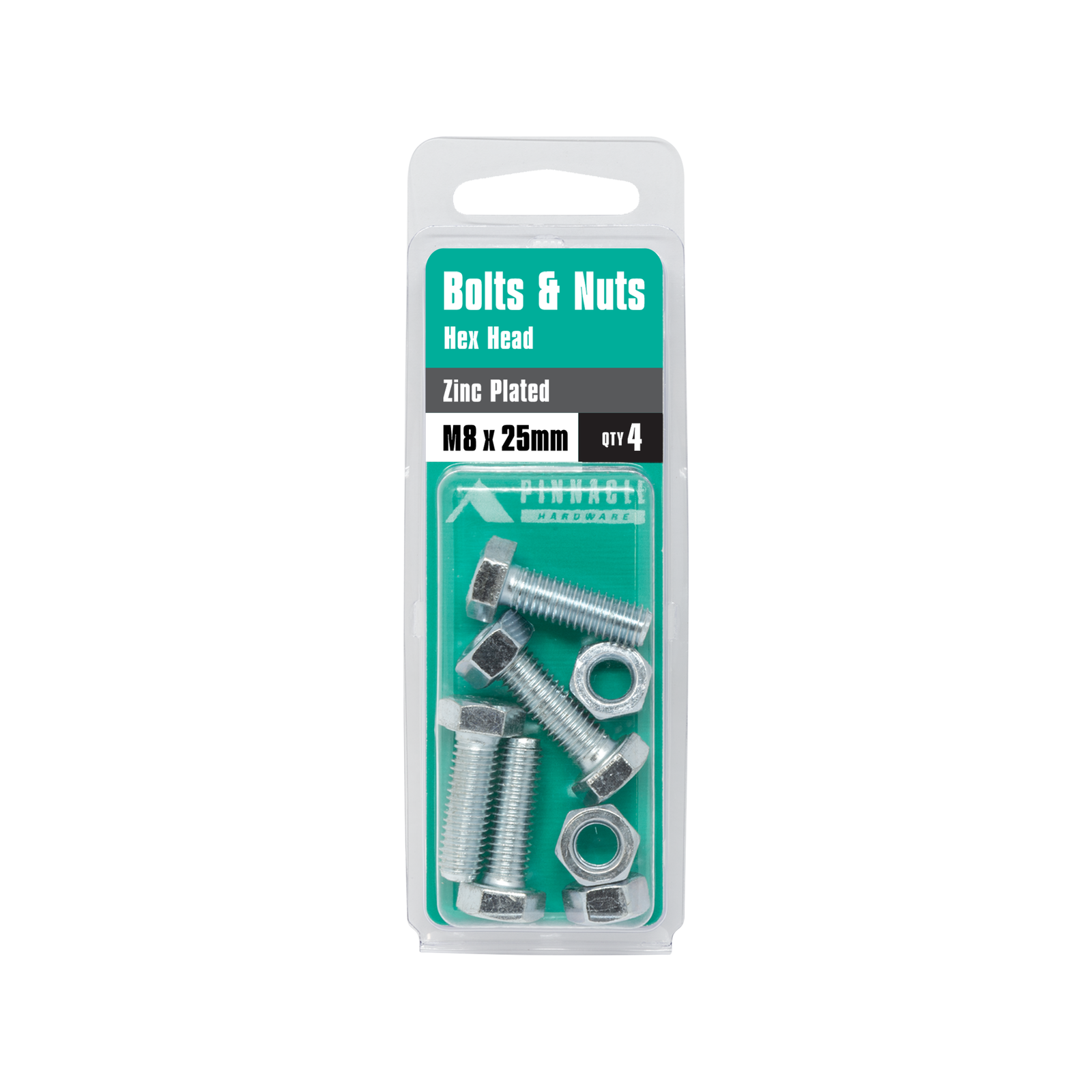 Pinnacle M8 x 25mm Zinc Plated Hex Head Bolts And Nuts - 4 Pack