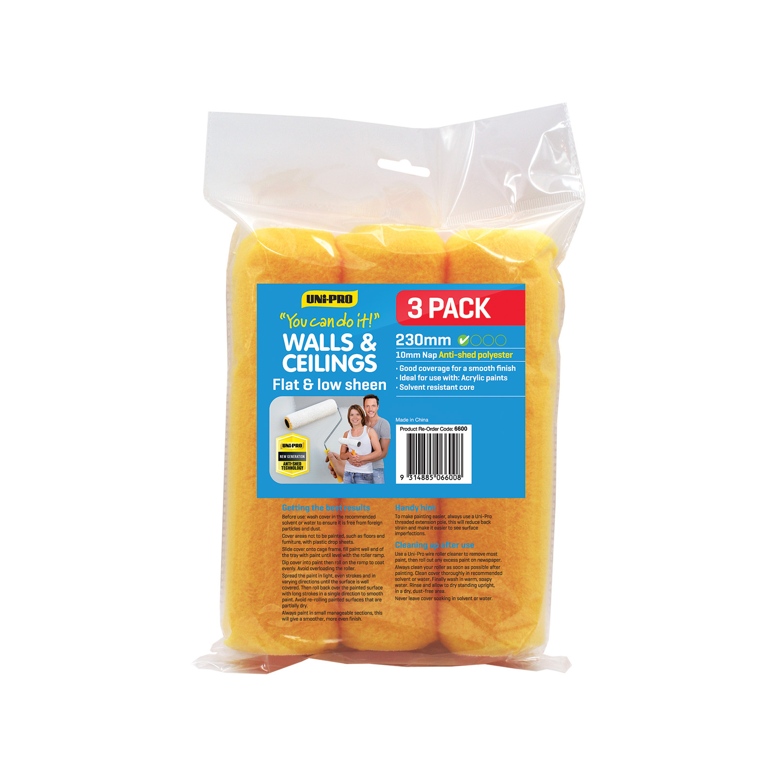 UNi-PRO 230mm You Can Do It Wall And Ceiling Roller Cover - 3 Pack 10mm Nap