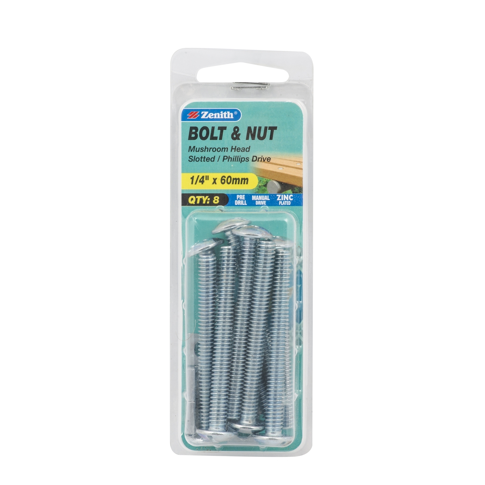 Zenith 1/4" x 60mm Zinc Plated Mushroom Head Bolt And Nut - 8 Pack