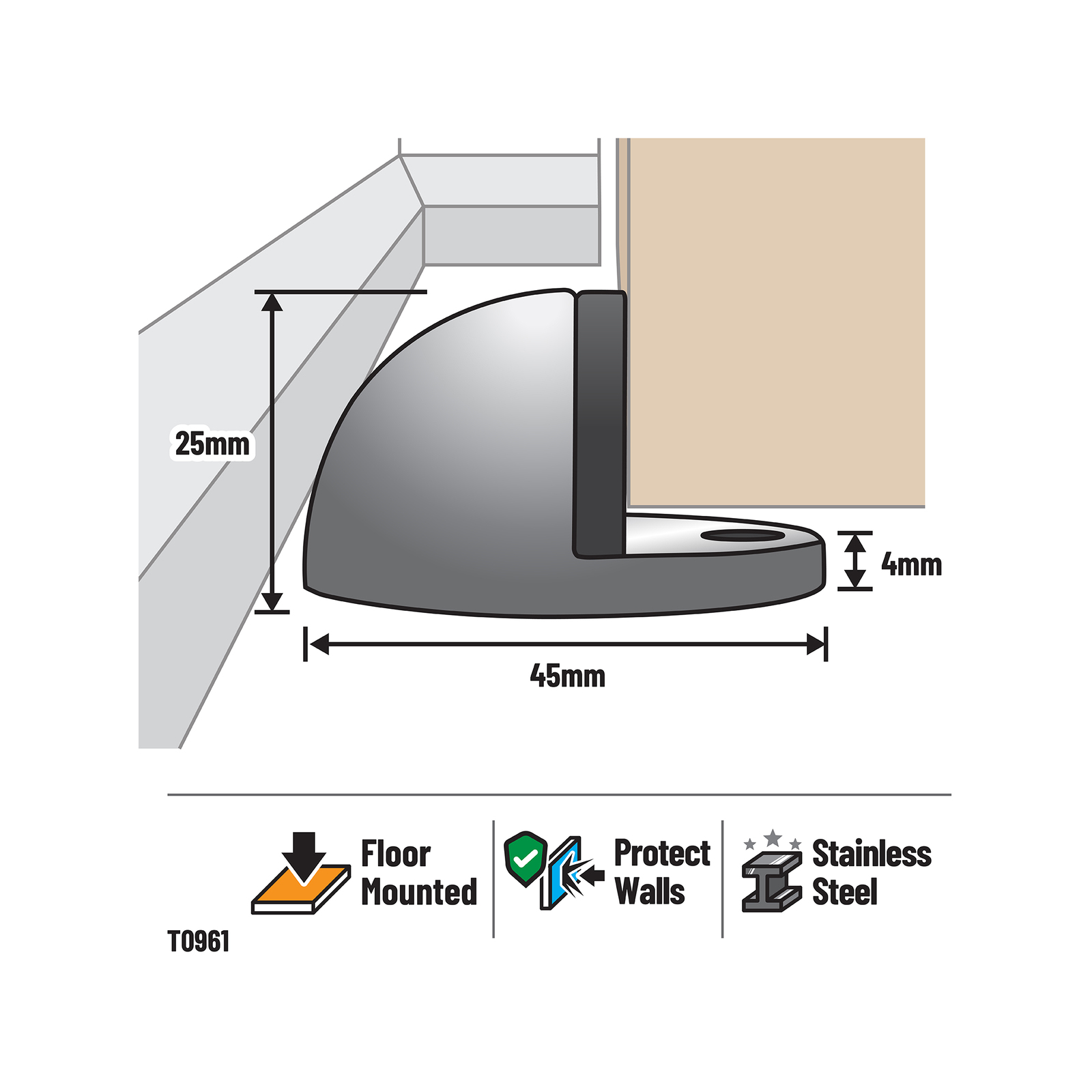 Adoored Short Half Moon Door Stop - Stainless Steel