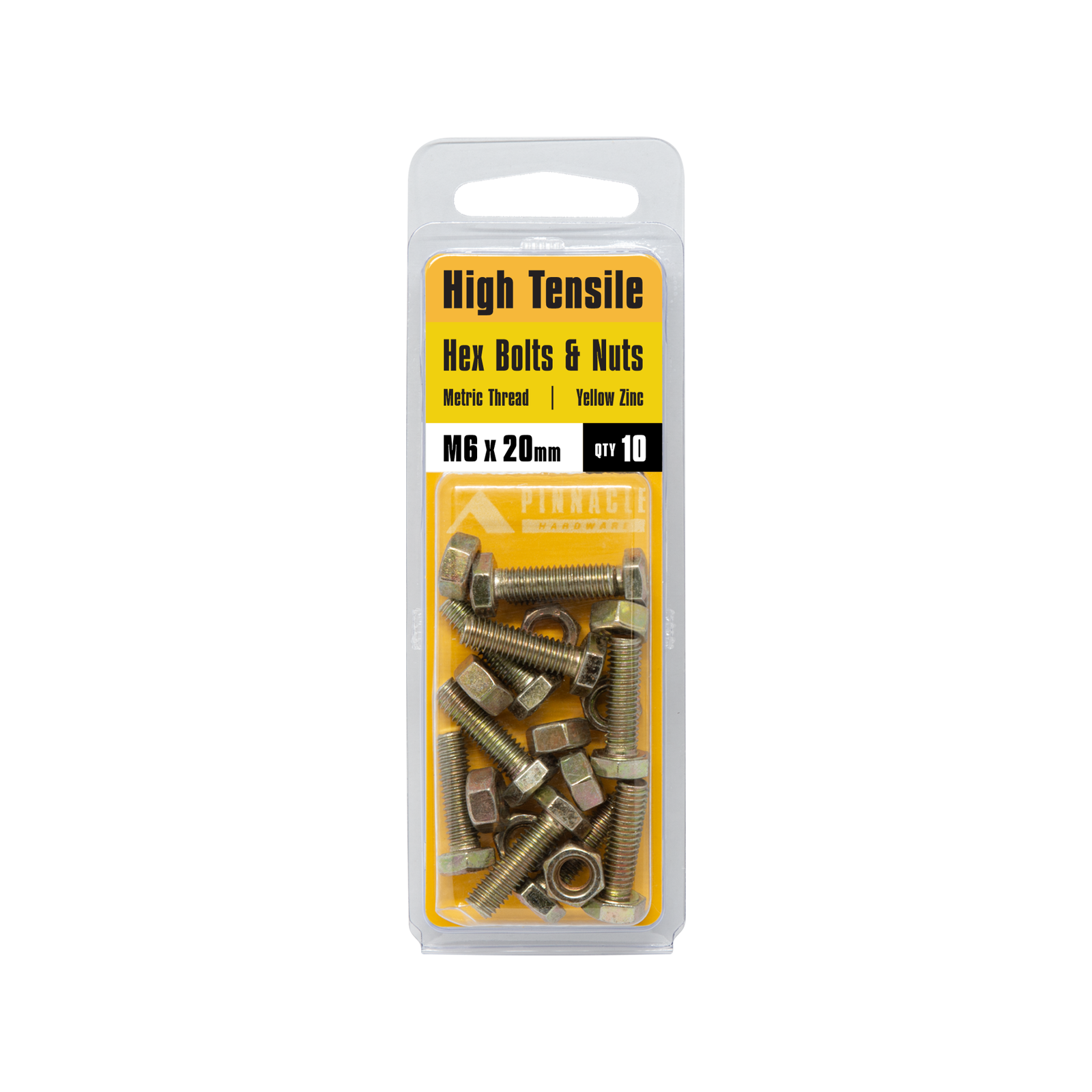 Pinnacle  M6 x 20mm Yellow Zinc Hi Tensile Hex Bolt And Nut - 10 Pack