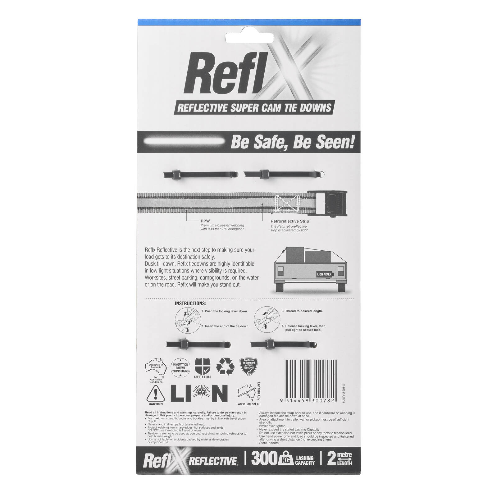 Lion 2m 300kg L/C Reflx Super Cam Tie Down - 2 Pack