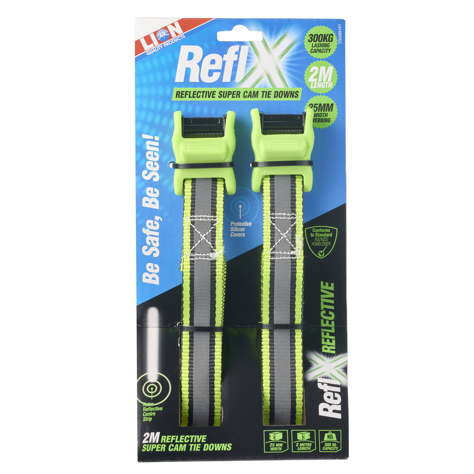 Lion 2m 300kg L/C Reflx Super Cam Tie Down - 2 Pack