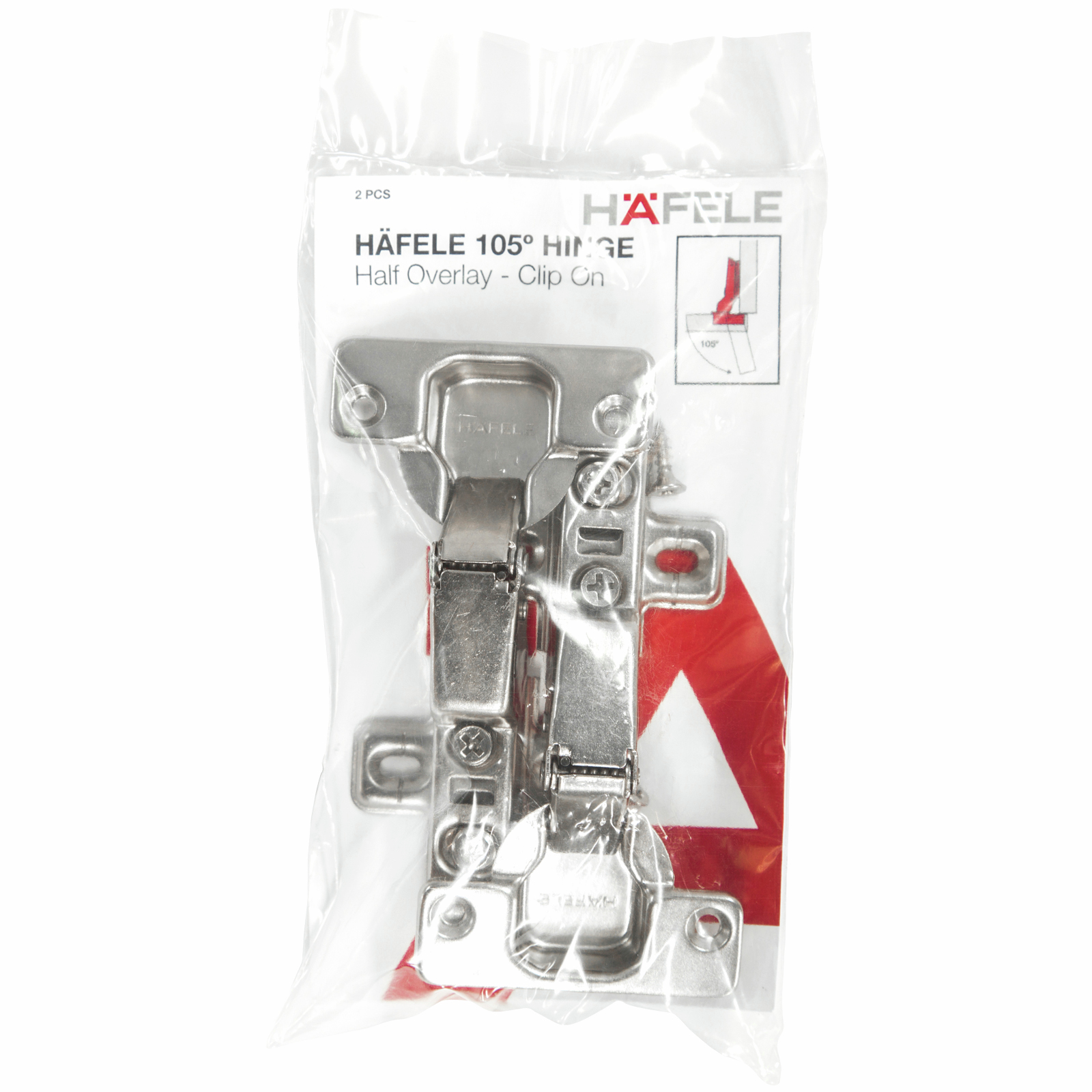 Hafele 105° Half Overlay Clip On Hinge - 1 Pair 3 Hafele 105° Half Overlay Clip On Hinge - 1 Pair