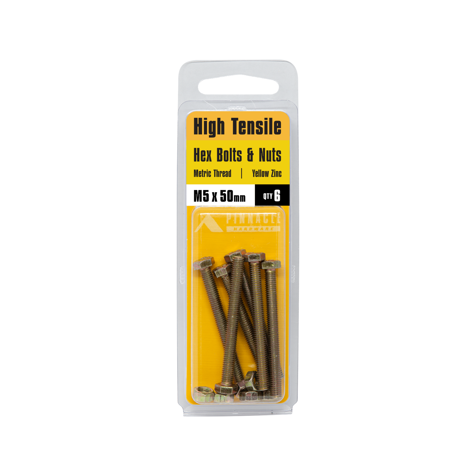 Pinnacle 5 x 50mm Yellow Zinc Hi Tensile Bolt And Nut - 6 Pack