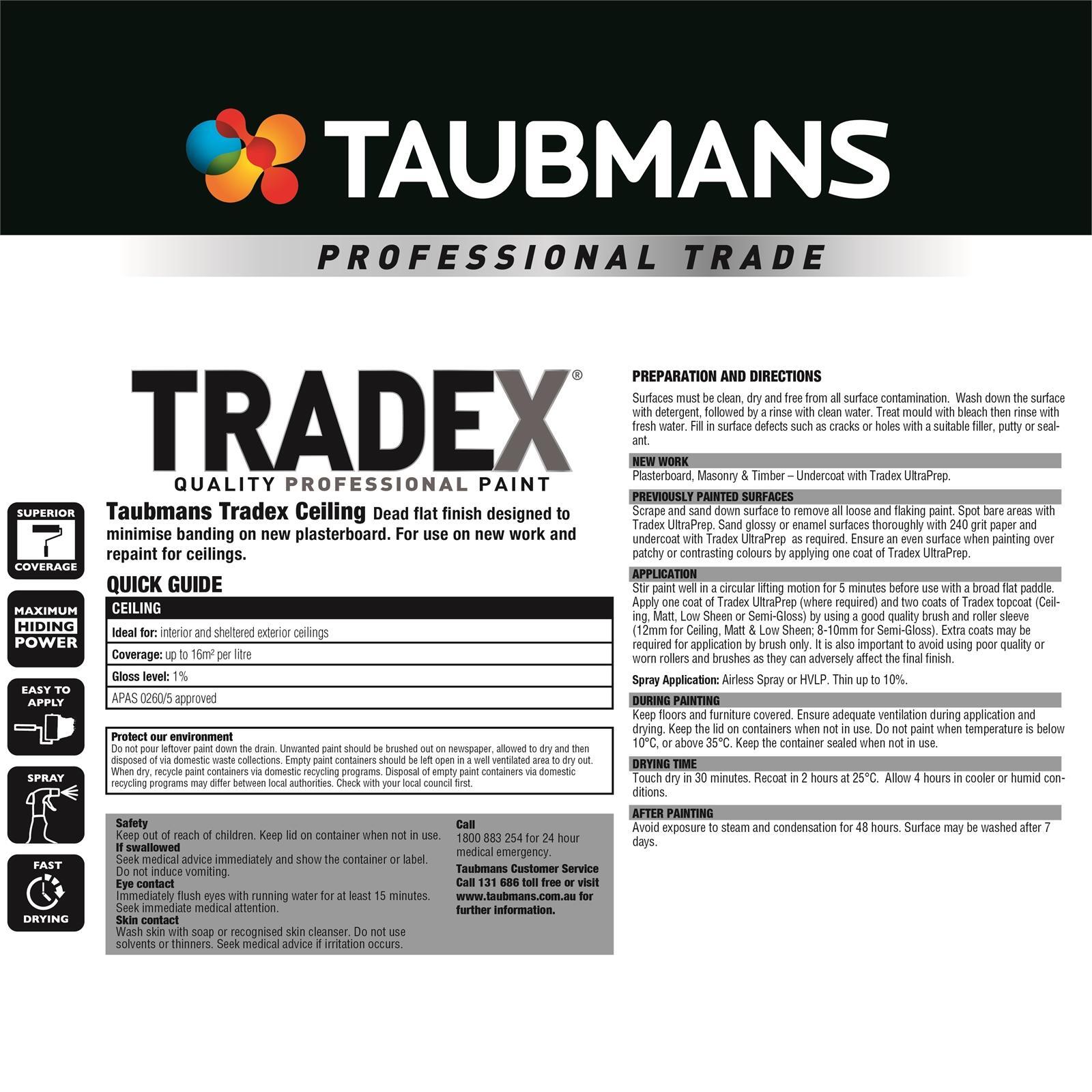 Taubmans Tradex White Flat Interior Ceiling Paint - 15L
