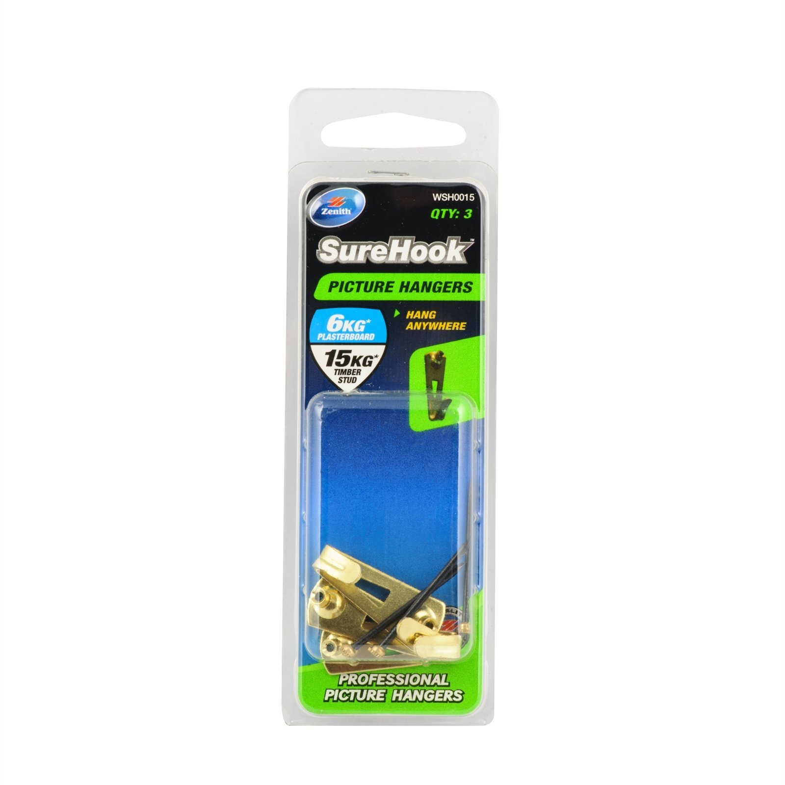 Zenith 6 / 15kg Brass Plated SureHook Picture Hanger - 3 Pack