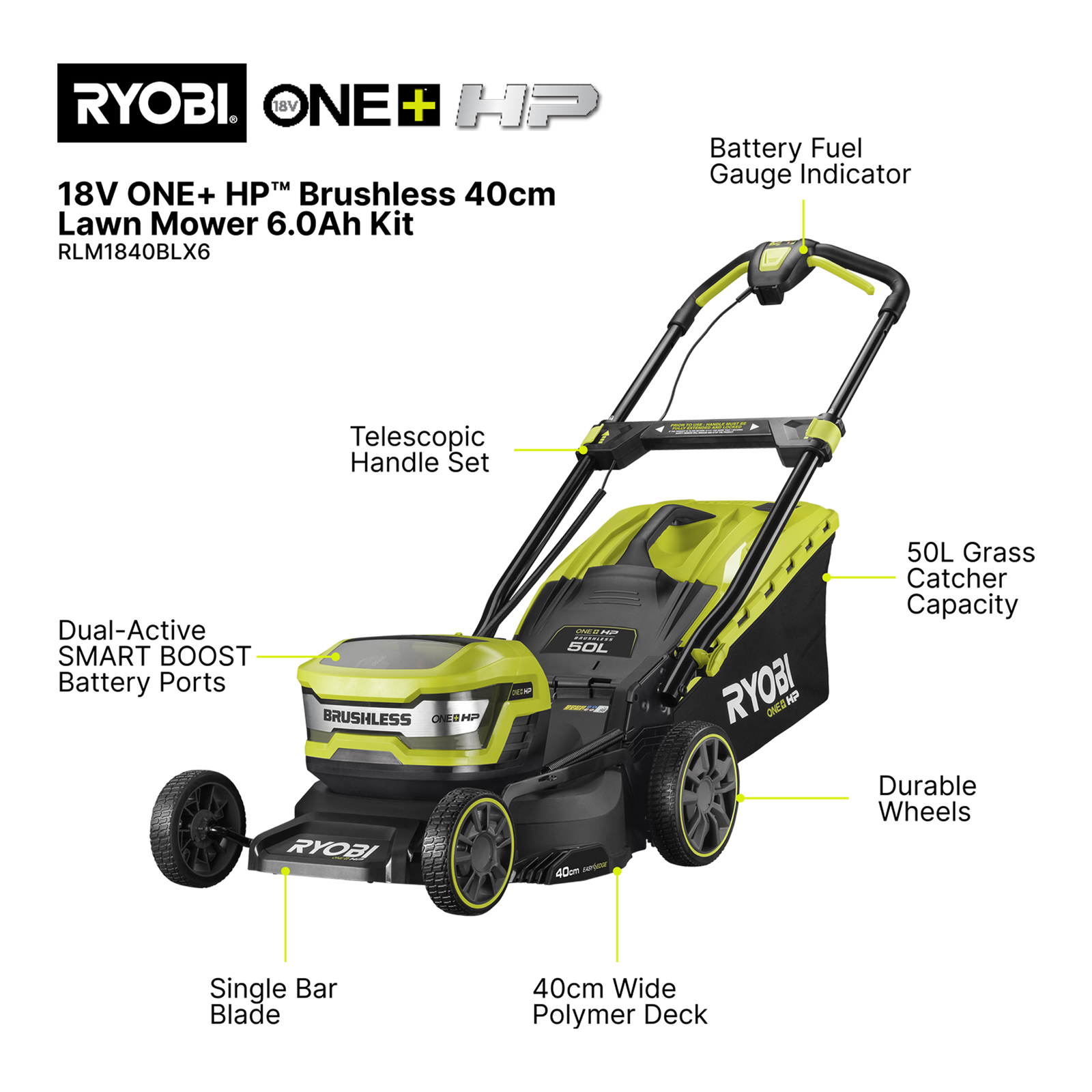 Ryobi 18V ONE+ HP 40cm Lawn Mower 6.0Ah Kit RLM1840BLX6