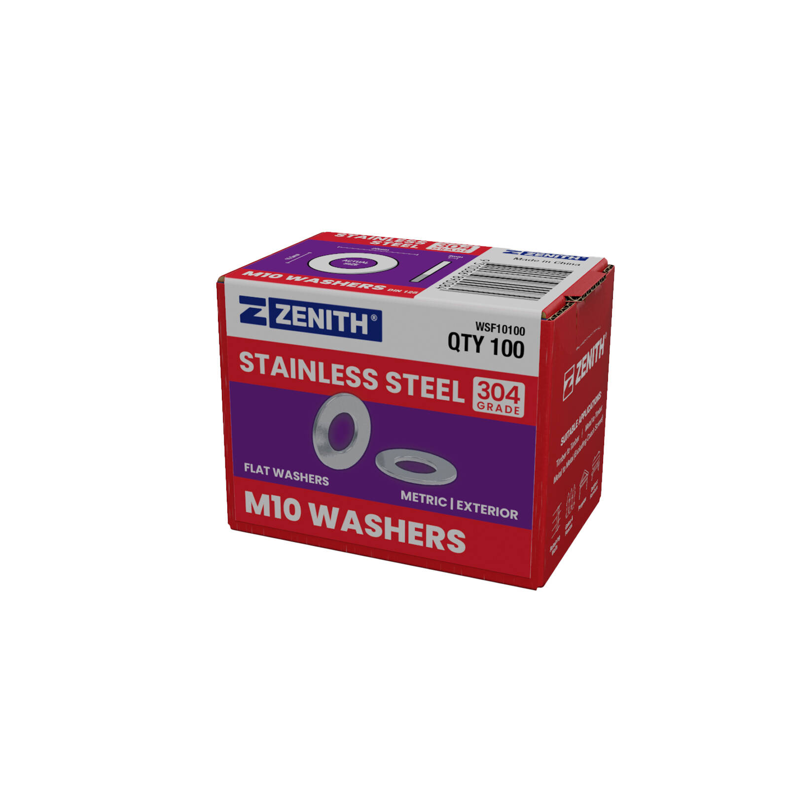 ZENITH M10 Stainless Steel 304 Grade Flat Round Washers - 100 Pack
