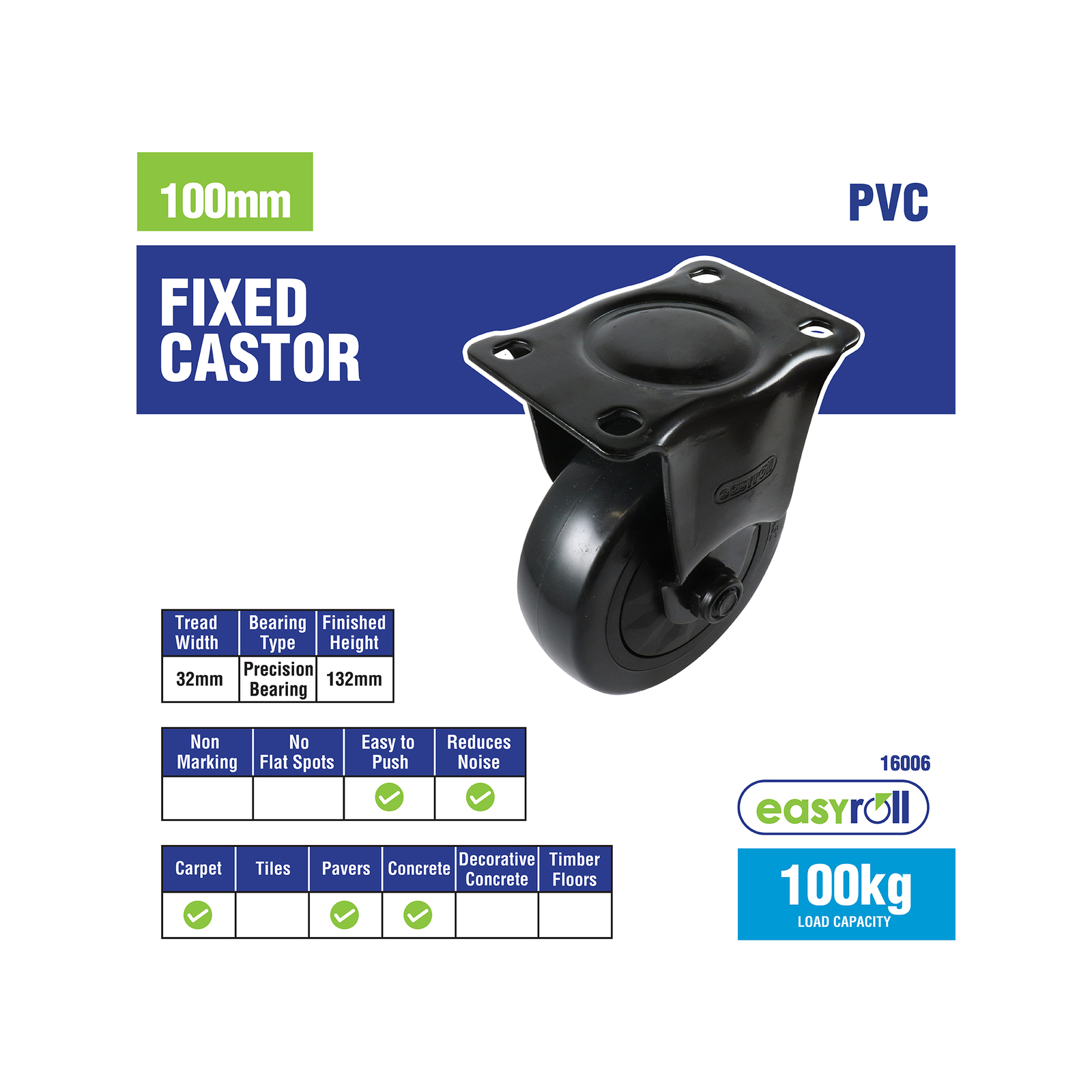 Easyroll 100mm Black PVC Fixed Castor 5 Easyroll 100mm Black PVC Fixed Castor