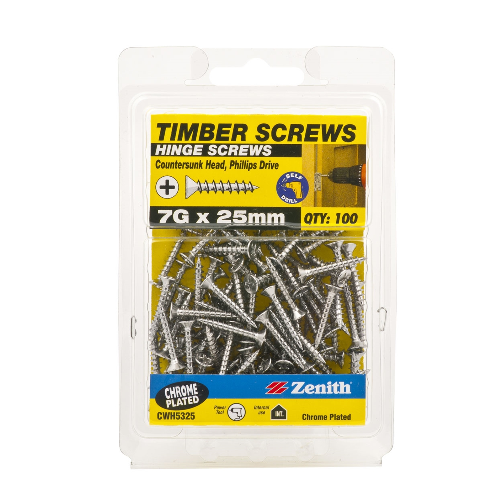 Zenith 7G x 25mm Chrome Plated Countersunk Head Hinge Timber Screws - 100 Pack