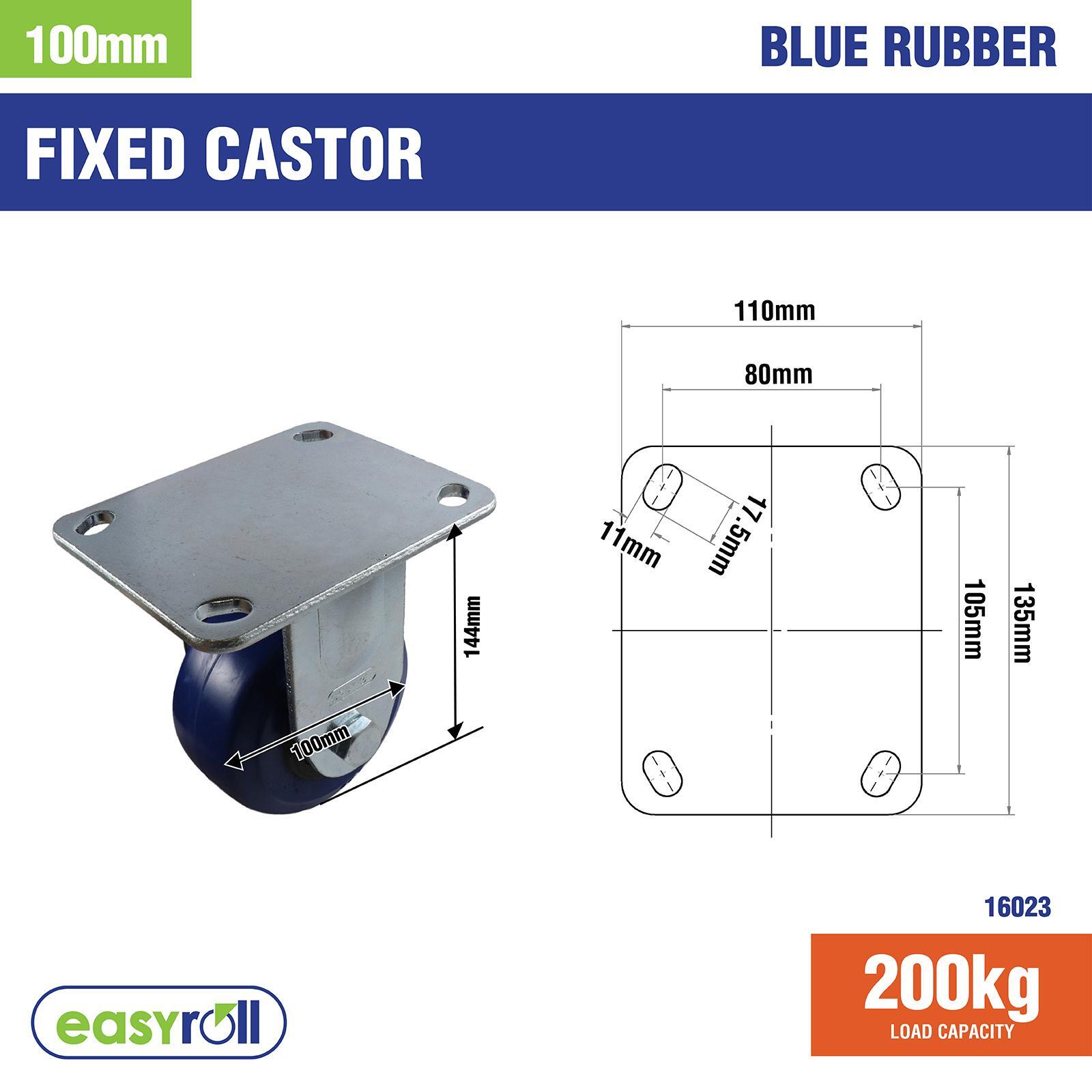 Easyroll 100mm Blue Rubber Fixed Plate Castor 4 Easyroll 100mm Blue Rubber Fixed Plate Castor