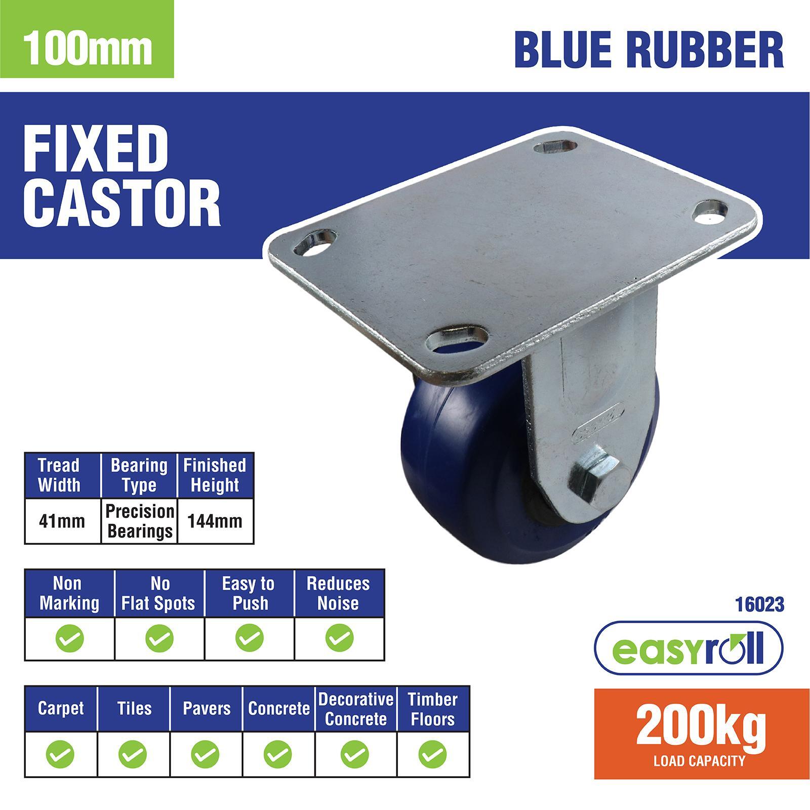 Easyroll 100mm Blue Rubber Fixed Plate Castor 5 Easyroll 100mm Blue Rubber Fixed Plate Castor