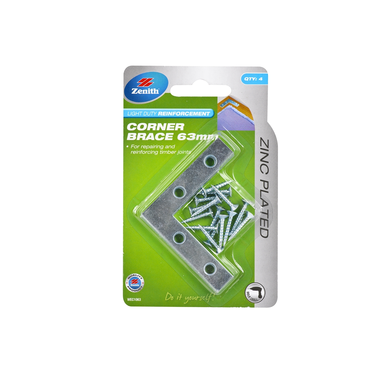Zenith 63mm Zinc Plated Corner Brace Bracket - 4 Pack