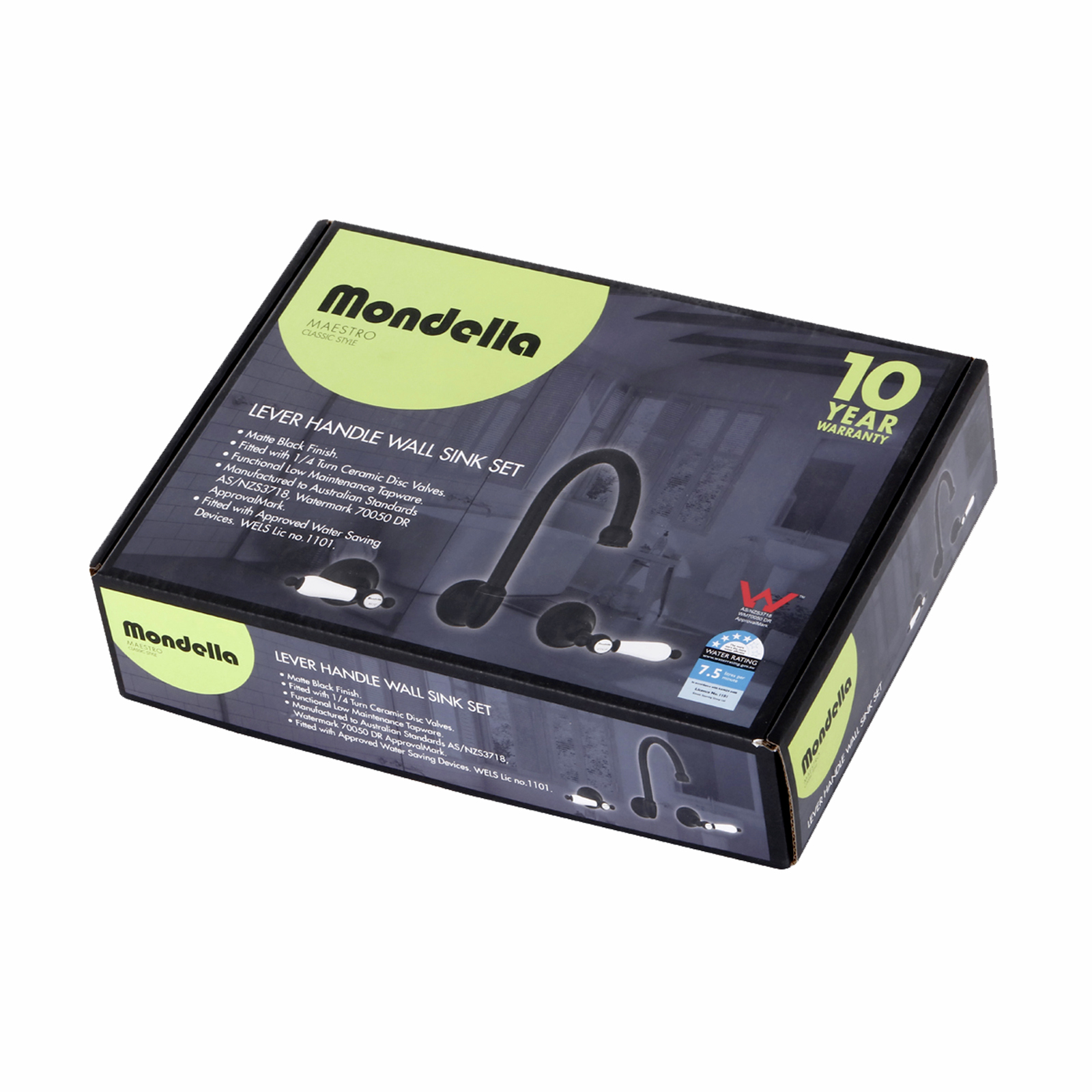 Mondella WELS 4 Star 7.5L/min Black Maestro Lever Handle Wall Sink Set