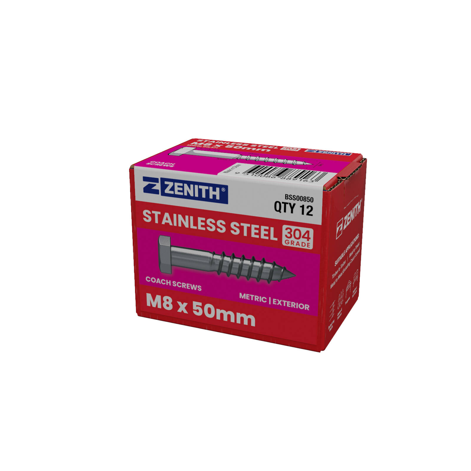 ZENITH M8 x 50mm Stainless Steel 304 Grade Hex Head Coach Screws - 12 Pack