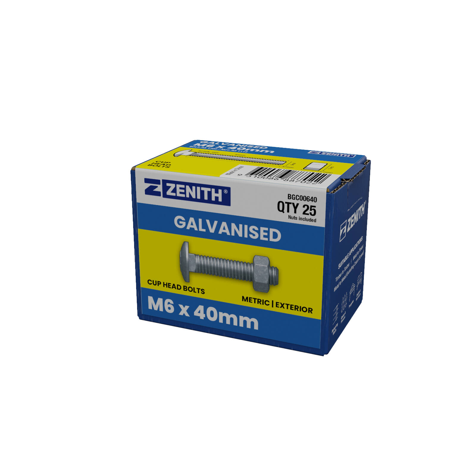 ZENITH M6 x 40mm Hot Dip Galvanised Cup Head Bolts & Nuts - 25 Pack