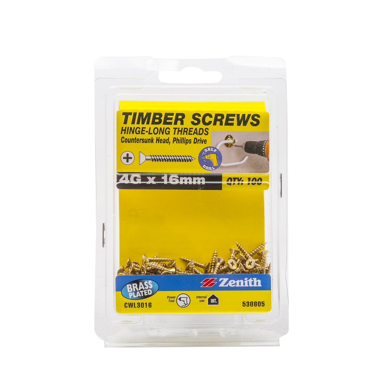 Zenith 4G x 16mm Brass Plated Hinge-Long Thread Countersunk Head Timber Screws - 100 Pack