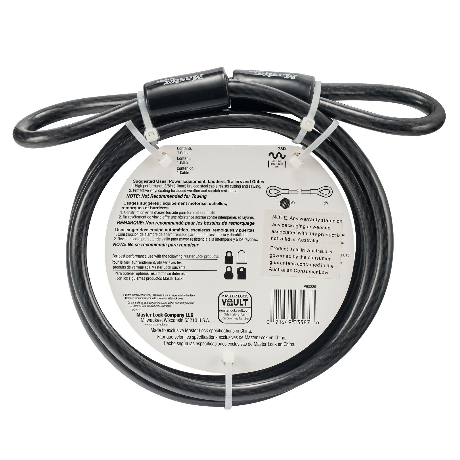 Master Lock 1.8m x 10mm Loop Ended Braided Steel Cable