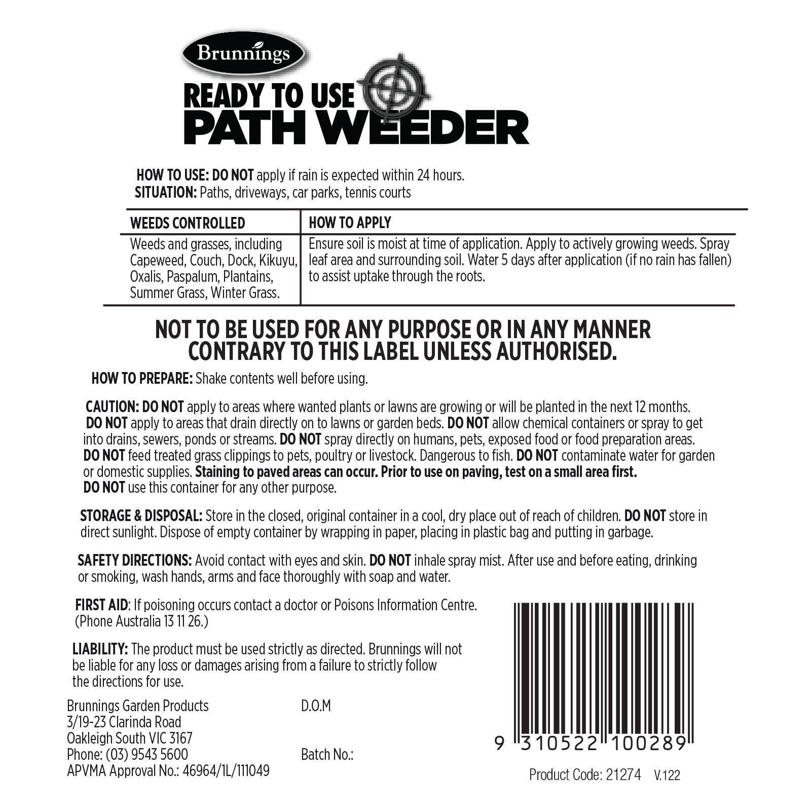 Brunnings 1.2L Ready To Use Path Weeder