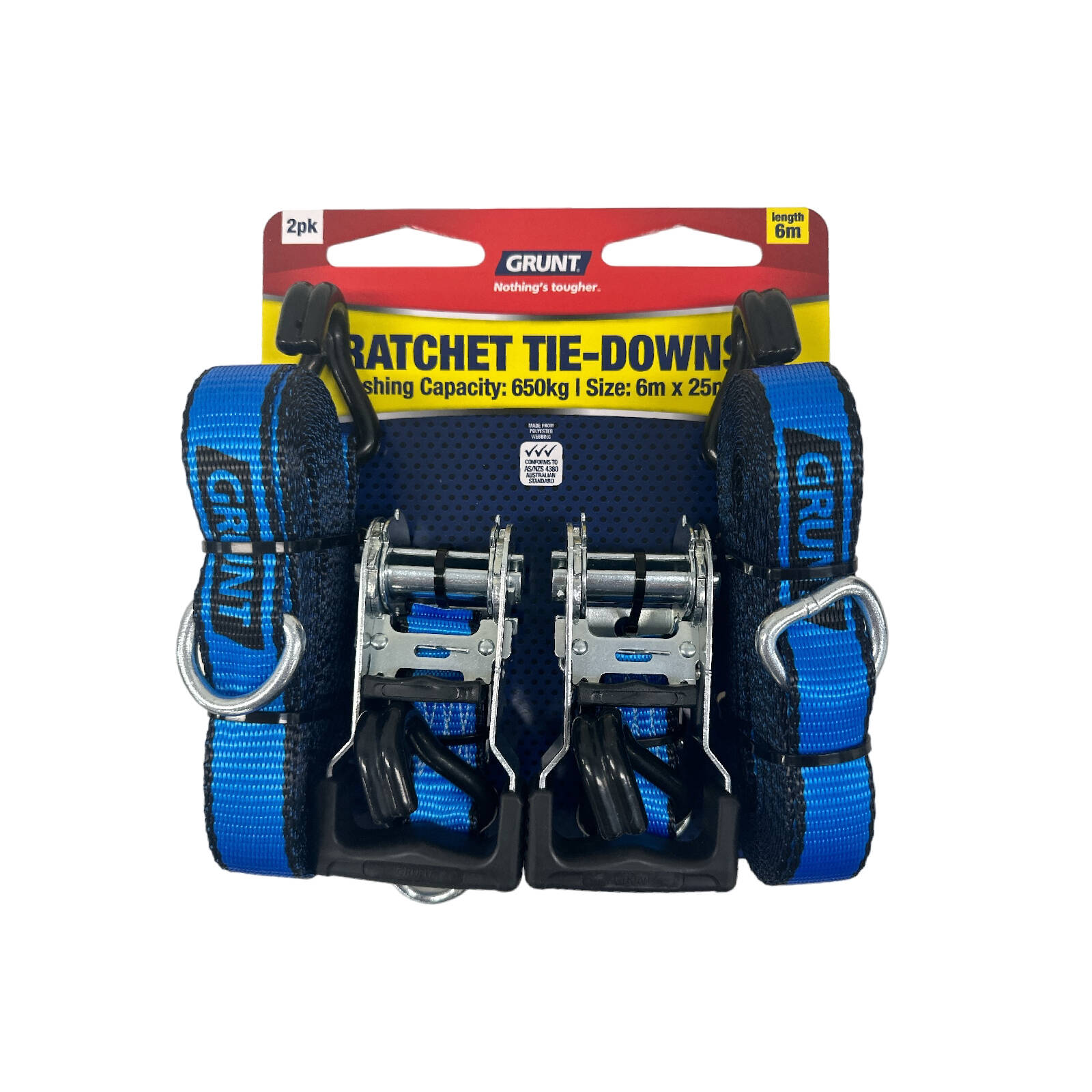 GRUNT 25mm x 6m Ratchet Tie Down Strap - 2 Pack