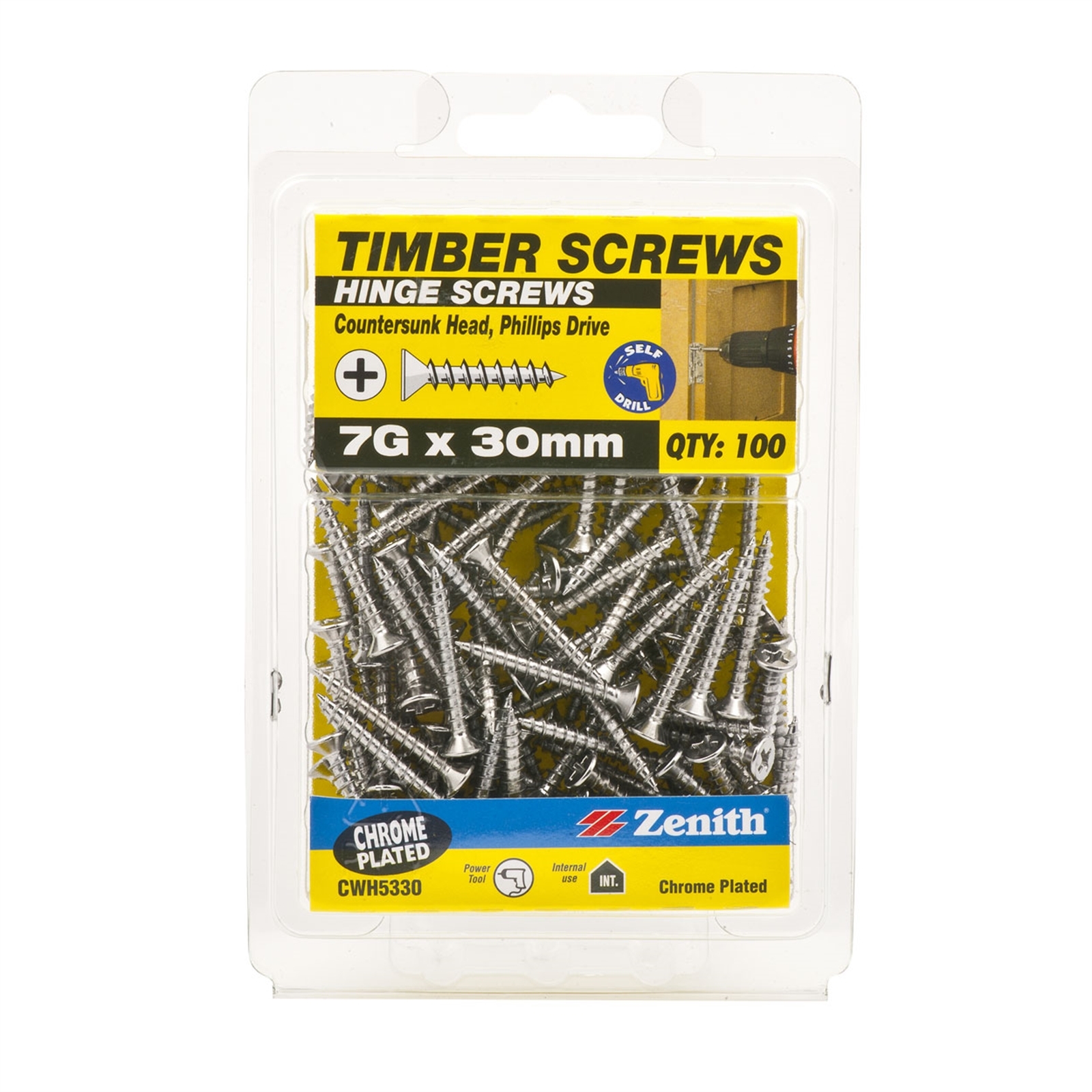 Zenith 7G x 30mm Chrome Plated Countersunk Head Hinge Timber Screws - 100 Pack