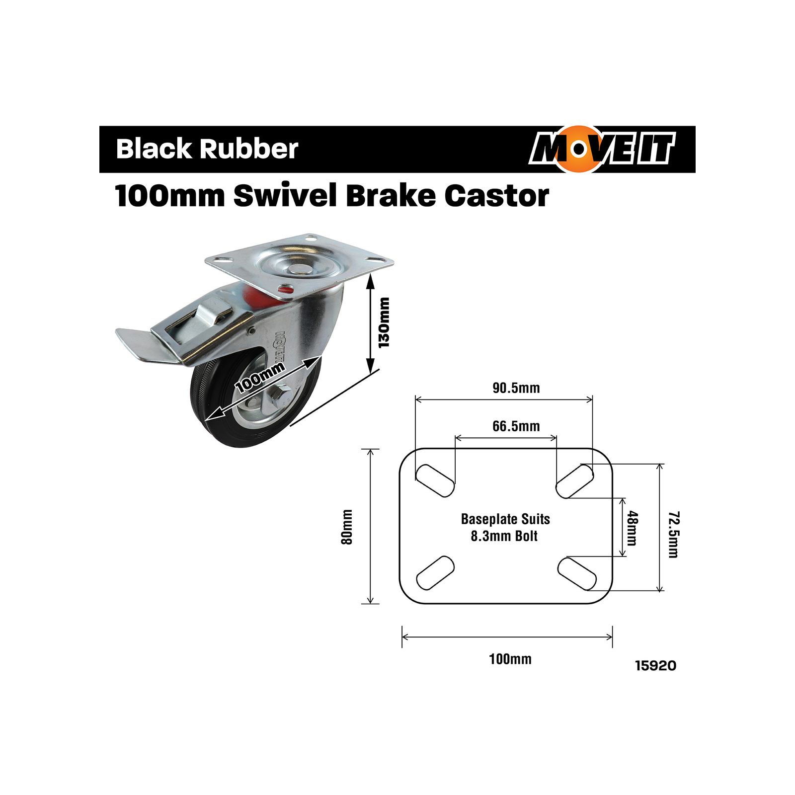 Move It 100mm 70kg Black Rubber Swivel Plate Castor With Brake 4 Move It 100mm 70kg Black Rubber Swivel Plate Castor With Brake