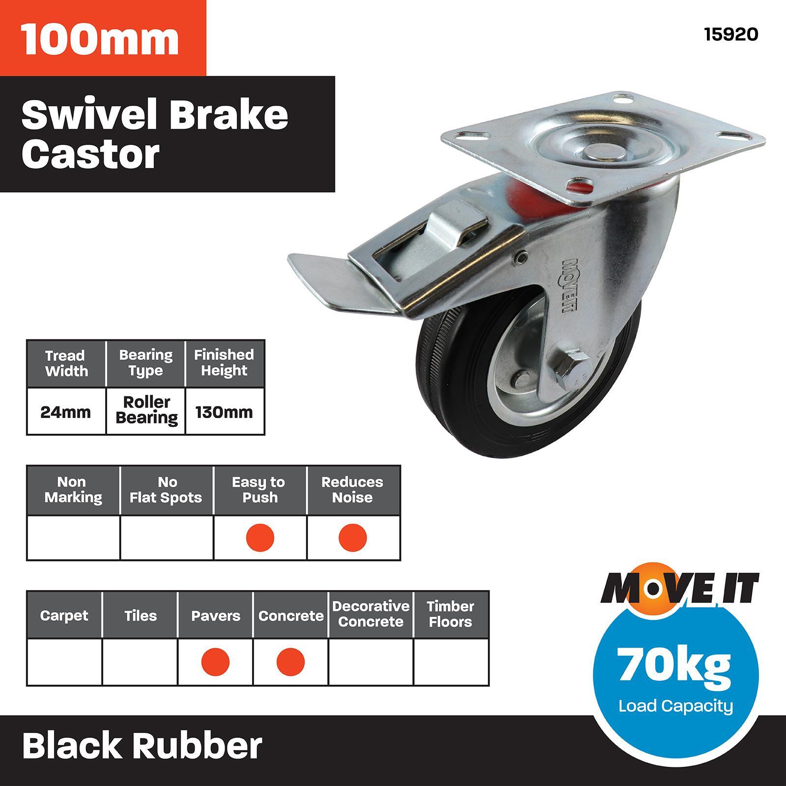 Move It 100mm 70kg Black Rubber Swivel Plate Castor With Brake 5 Move It 100mm 70kg Black Rubber Swivel Plate Castor With Brake