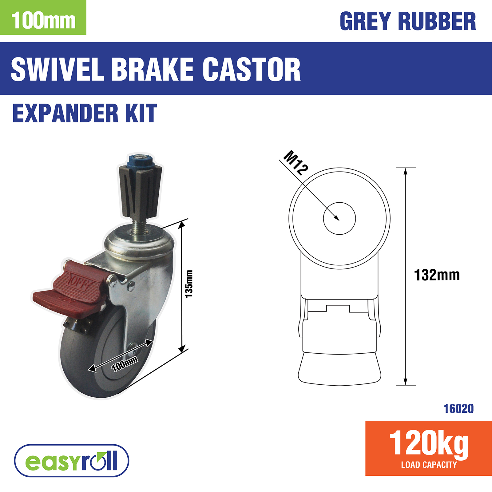 Easyroll 100mm 120kg Grey Rubber Castor Xpan Kit 3 Easyroll 100mm 120kg Grey Rubber Castor Xpan Kit