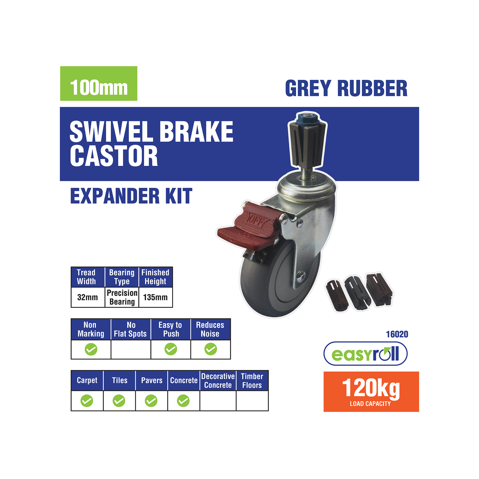 Easyroll 100mm 120kg Grey Rubber Castor Xpan Kit 4 Easyroll 100mm 120kg Grey Rubber Castor Xpan Kit