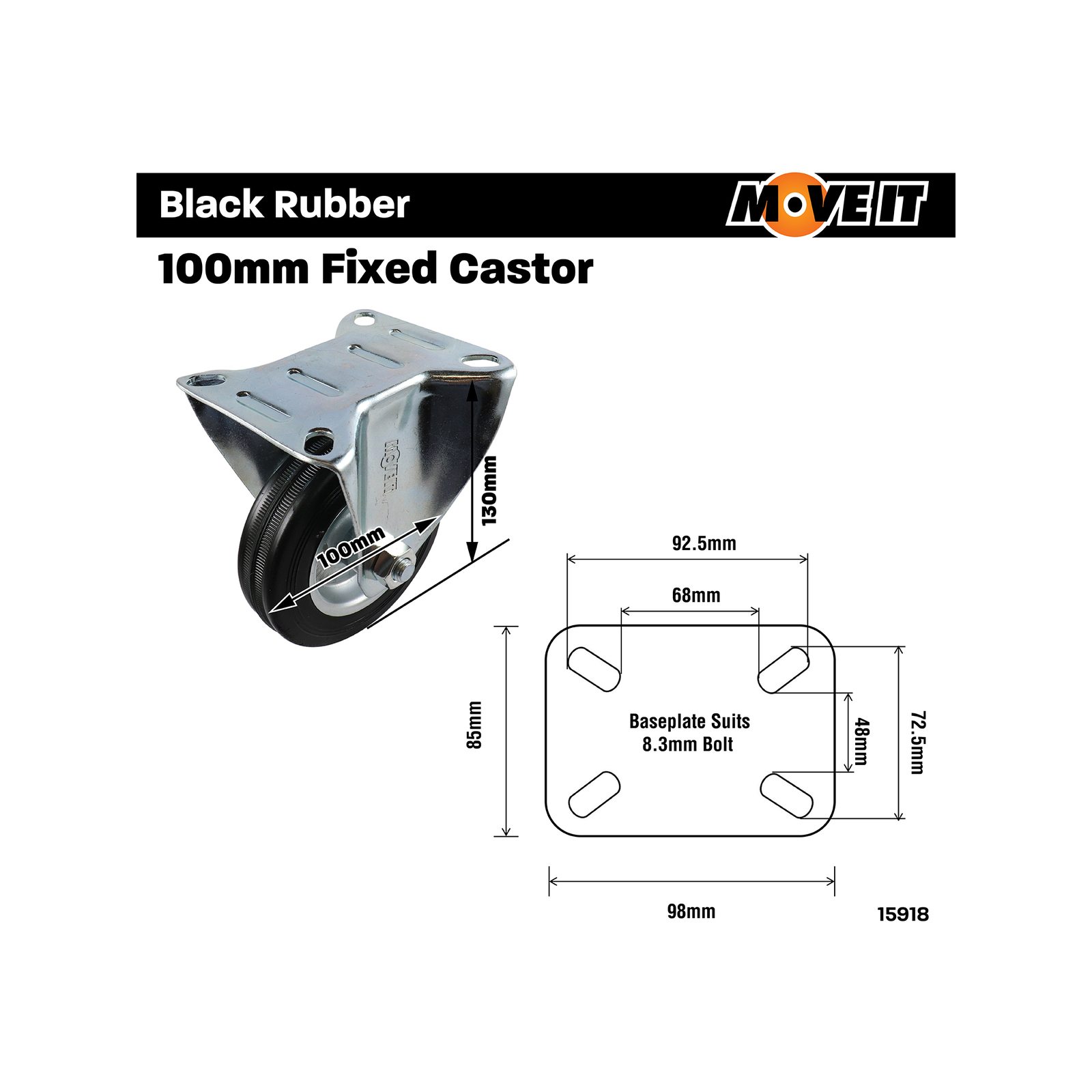 Move It 100mm 70kg Black Rubber Fixed Plate Castor 4 Move It 100mm 70kg Black Rubber Fixed Plate Castor