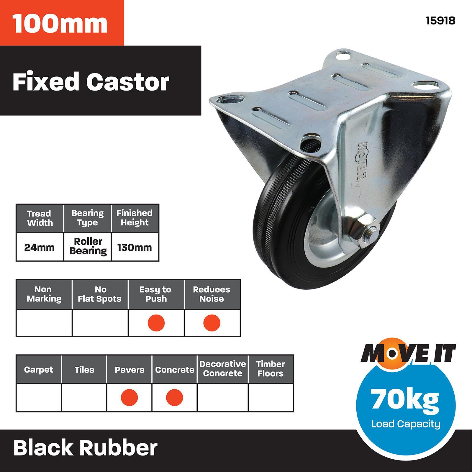 Move It 100mm 70kg Black Rubber Fixed Plate Castor 5 Move It 100mm 70kg Black Rubber Fixed Plate Castor