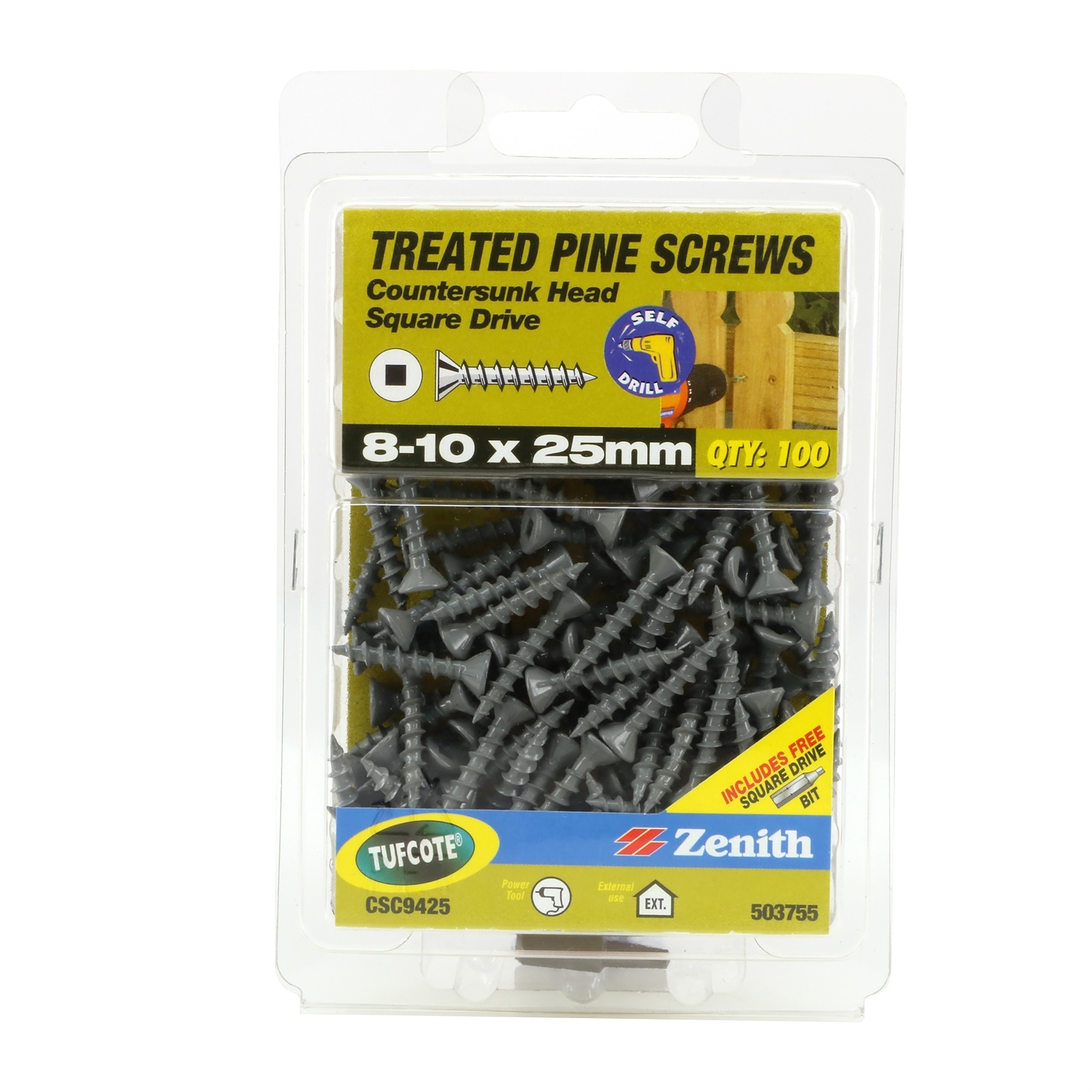 Zenith 8-10 x 25mm Tufcote® Countersunk Head Treated Pine Screws - 100 Pack