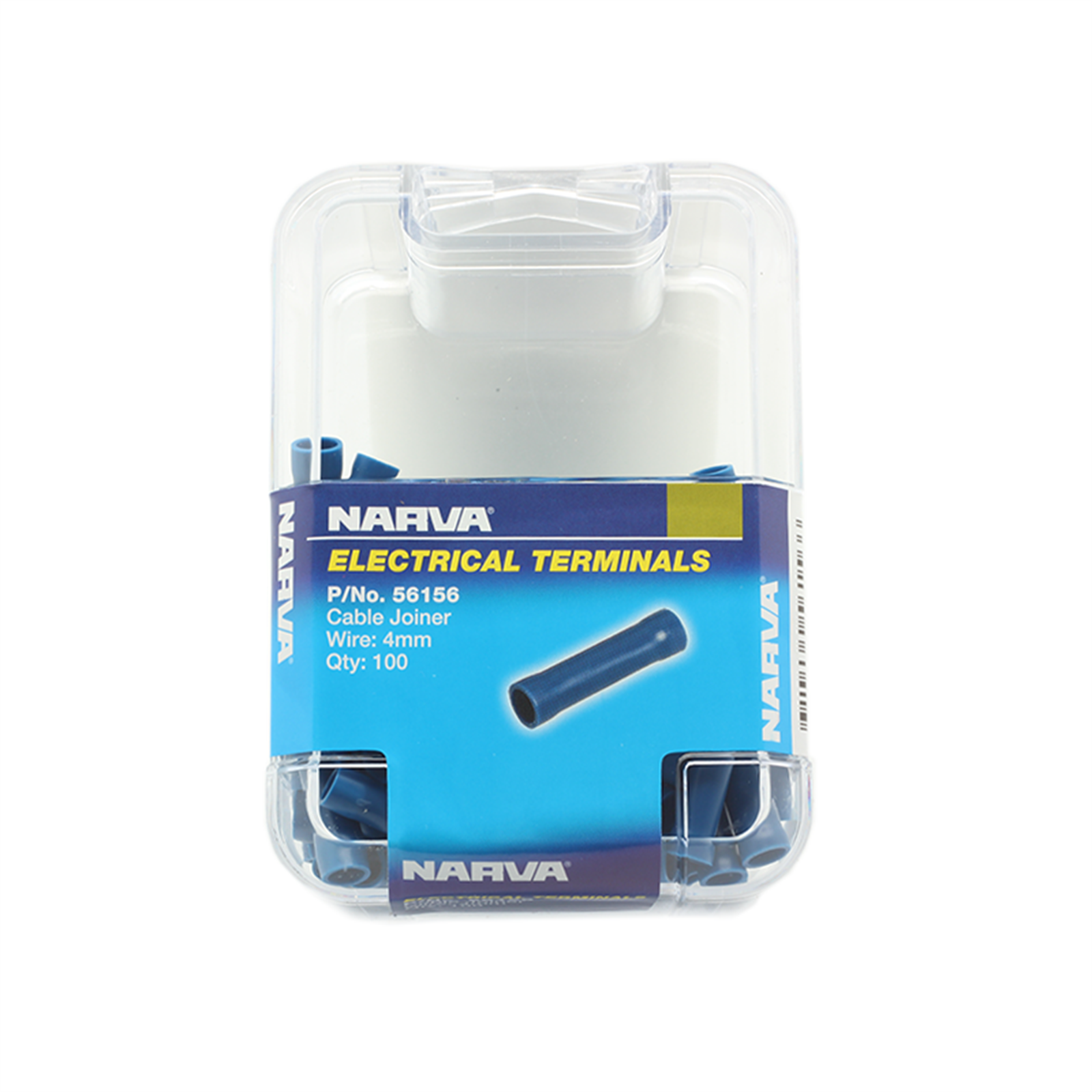 Narva 4mm Blue Butt Splice Flared Vinyl Fully Insulated Cable Joiner - 100 Pack