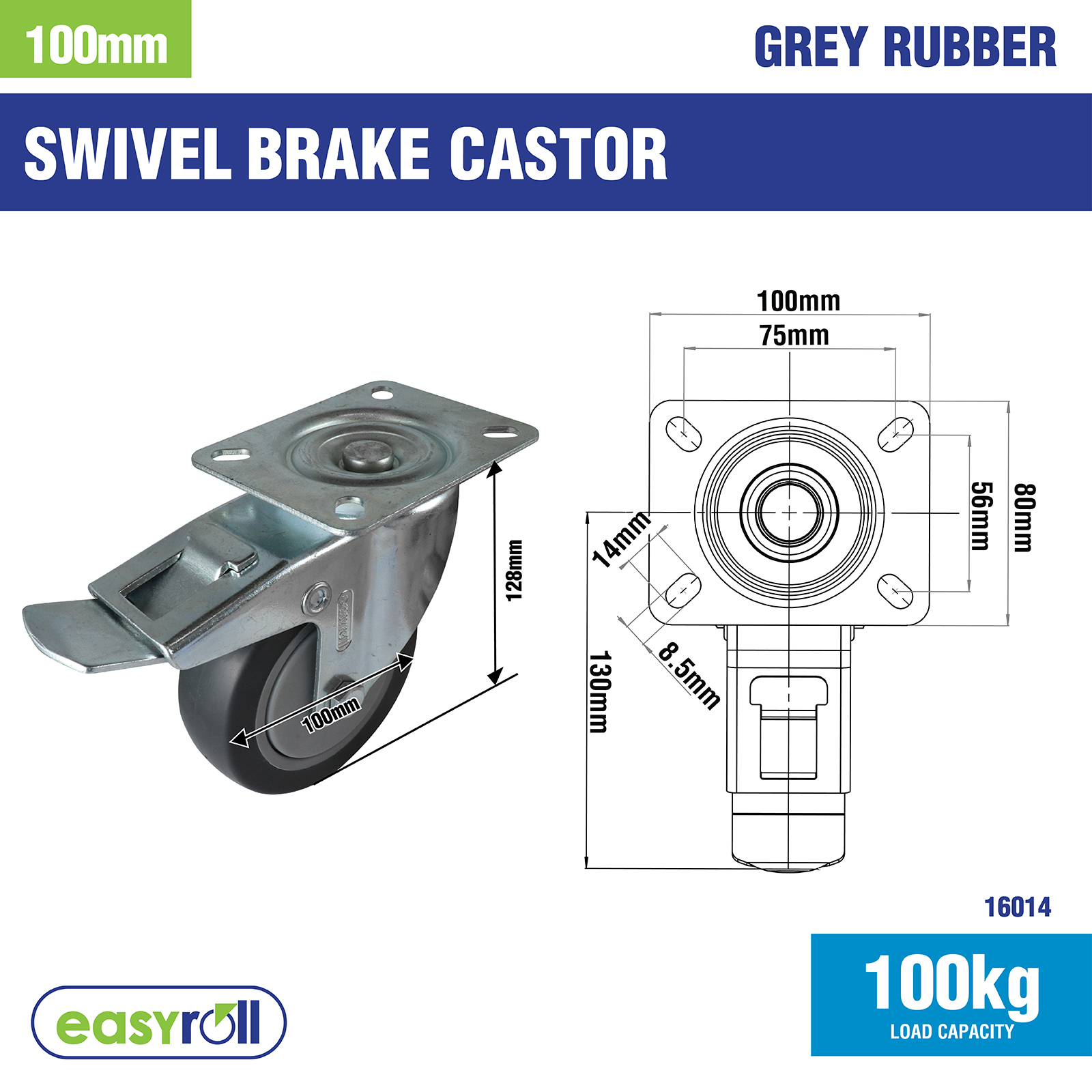 Easyroll 100mm 100kg Grey Rubber Heavy Duty Swivel Brake Castor