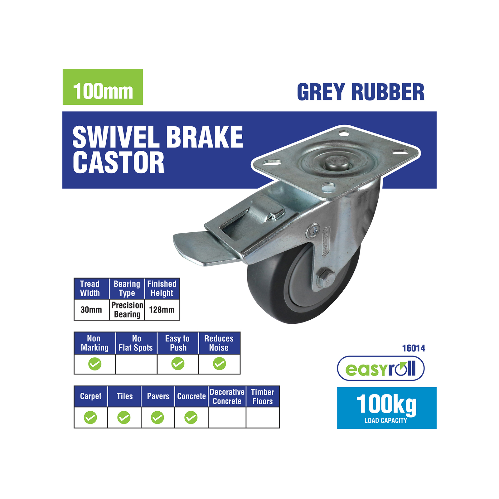 Easyroll 100mm 100kg Grey Rubber Heavy Duty Swivel Brake Castor