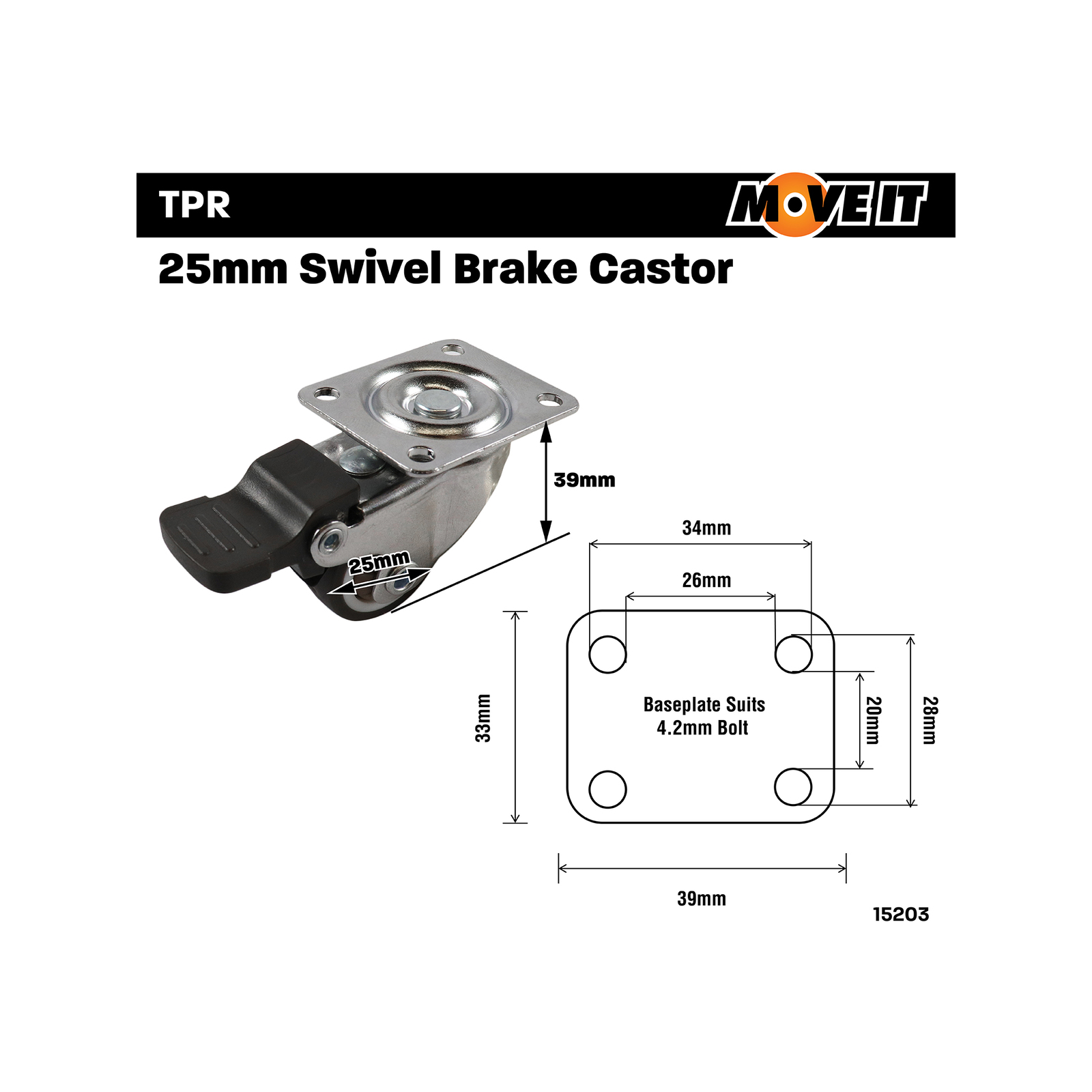 Move It 25mm 10kg Rubber Swivel Castor With Brake 7 Move It 25mm 10kg Rubber Swivel Castor With Brake