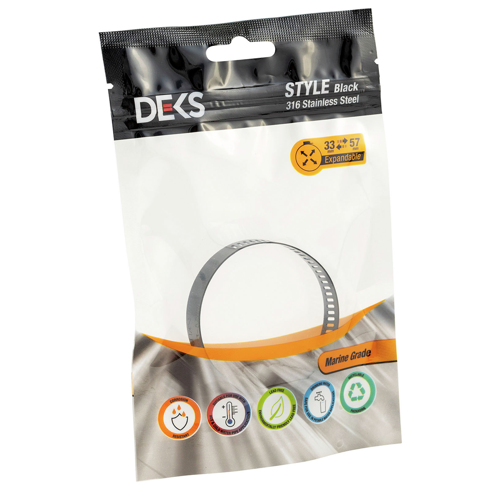 Deks 33-57mm Black Marine Grade 316 Stainless Steel Hose Clamp