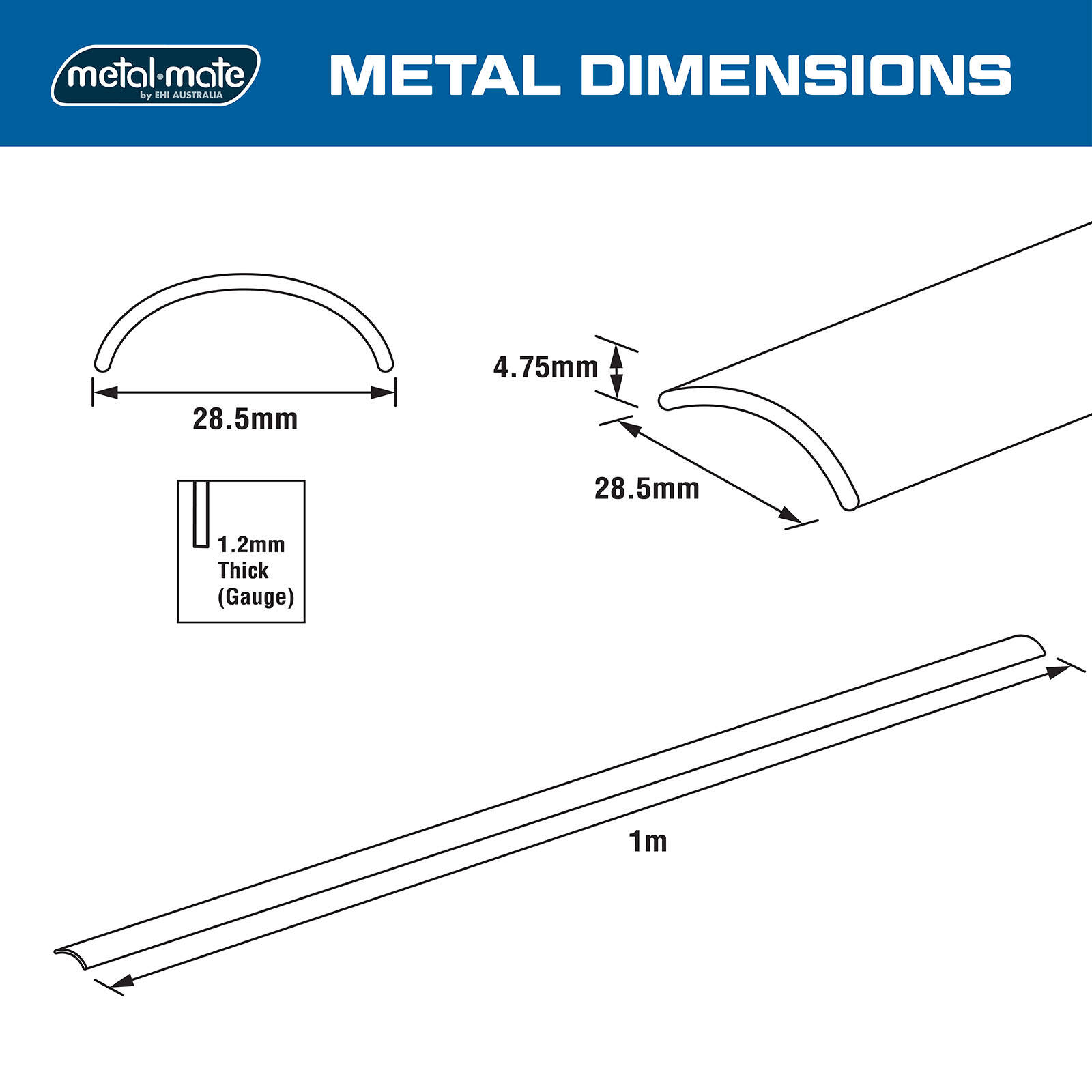 Metal Mate 28.5 x 4.75mm 1M Aluminium Crescent Mould - 1m 4 Metal Mate 28.5 x 4.75mm 1M Aluminium Crescent Mould - 1m